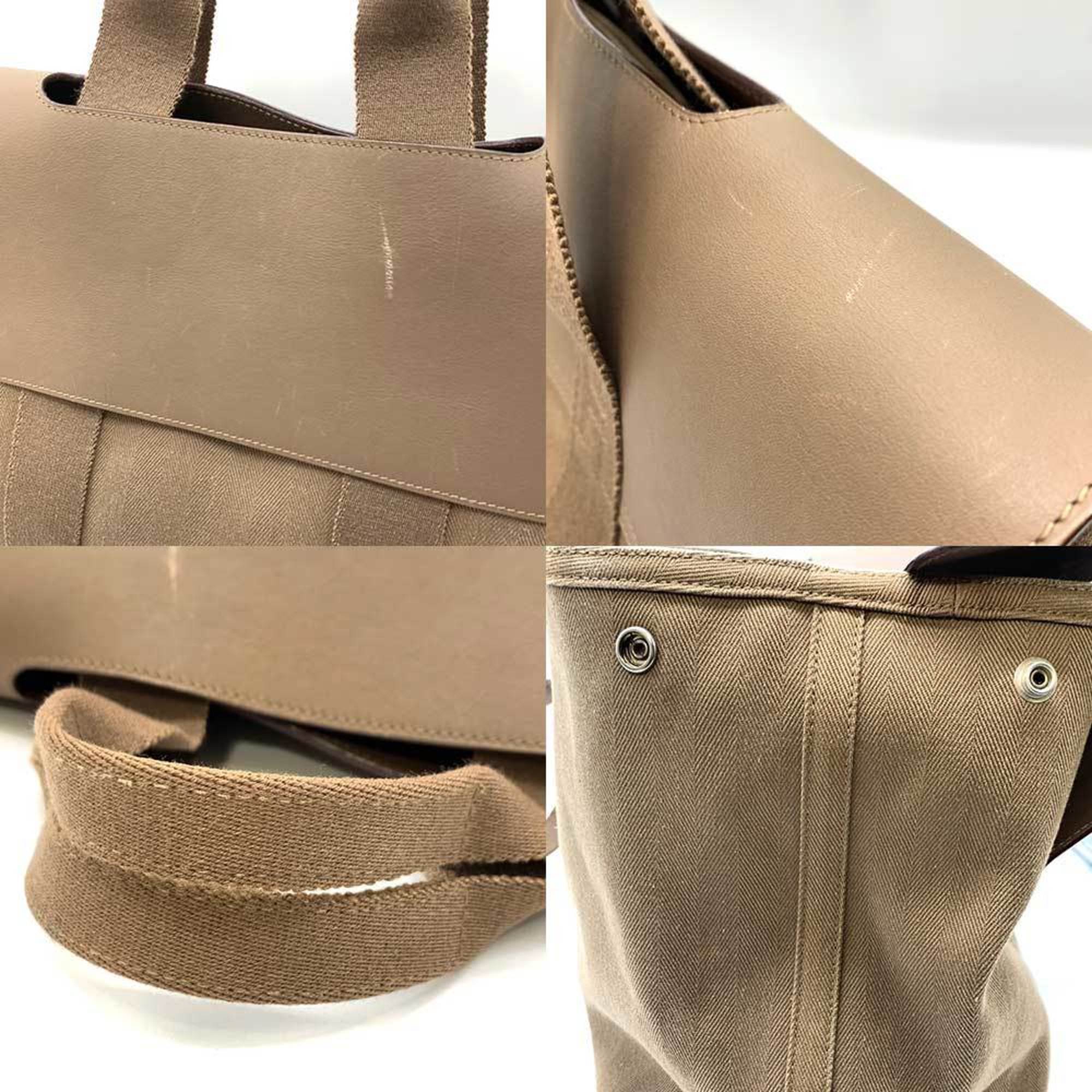 Hermes Beige Grayish Toile Chevron Leather Handbag (Pre-Owned)