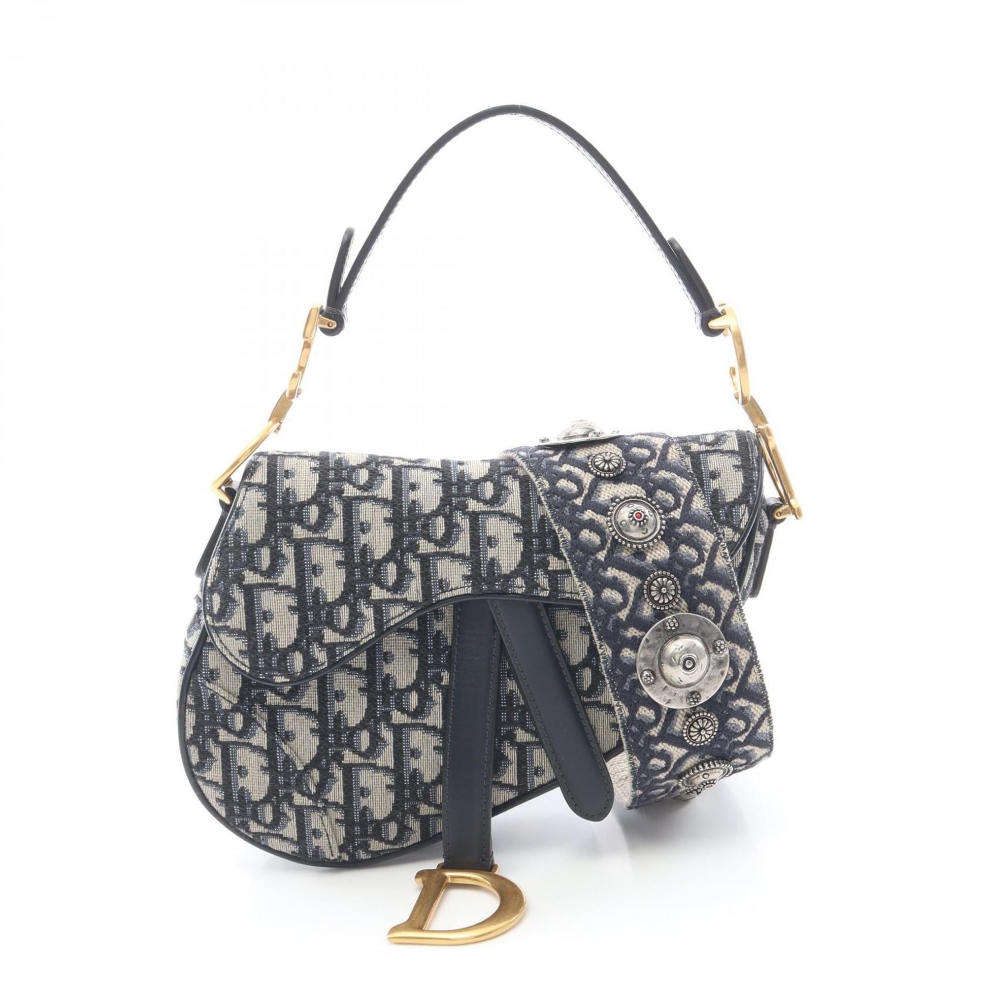 Christian Dior Beige Navy Canvas Leather Handbag Saddle Bag (Pre-Owned)