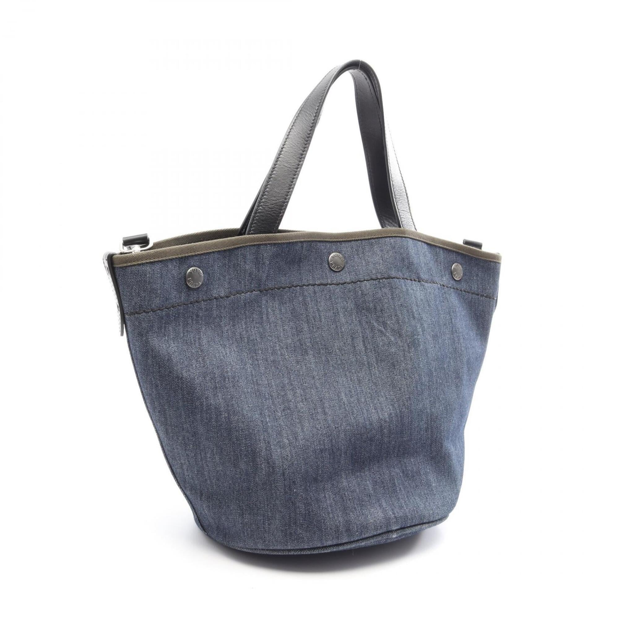 Prada Black Khaki Navy Denim Leather Handbag Pouch Tote Bag (Pre-Owned)