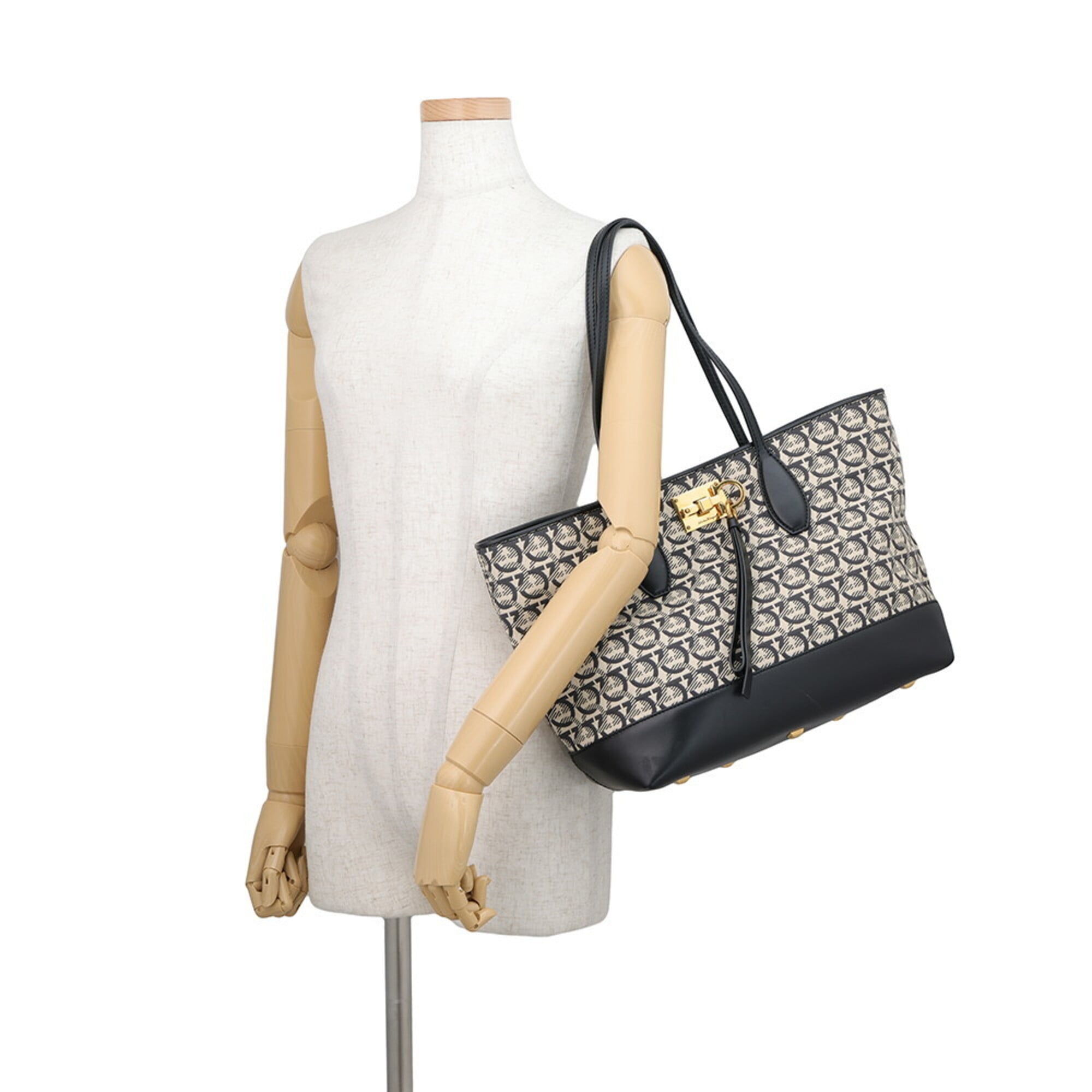 Salvatore Ferragamo Beige Black Canvas Leather Handbag Pouch Tote Bag (Pre-Owned)