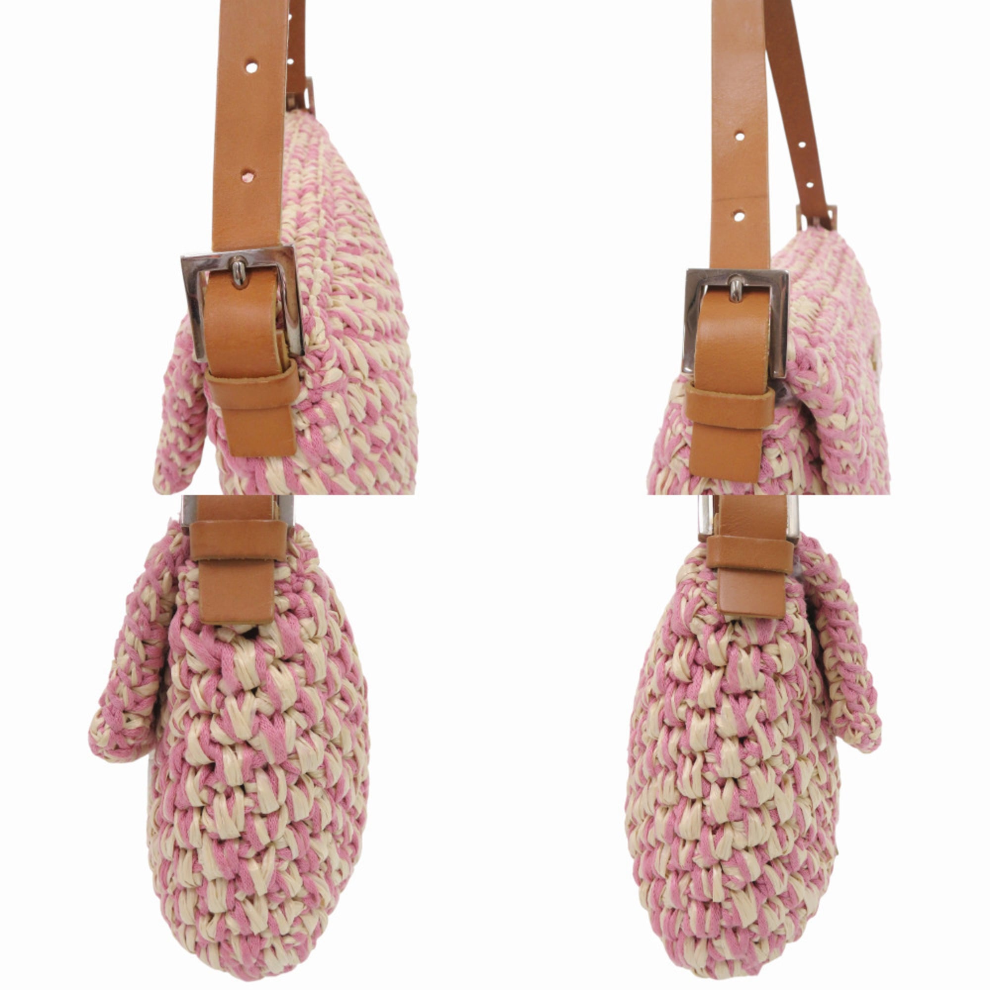 Fendi Brown Ivory Pink Straw Cotton Leather Handbag Shoulder Bag (Pre-Owned)