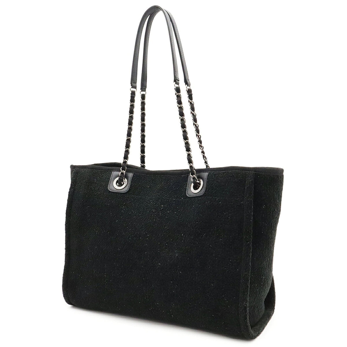 Chanel Black Gray Cotton Leather Shoulder Bag Tote Bag (Pre-Owned)
