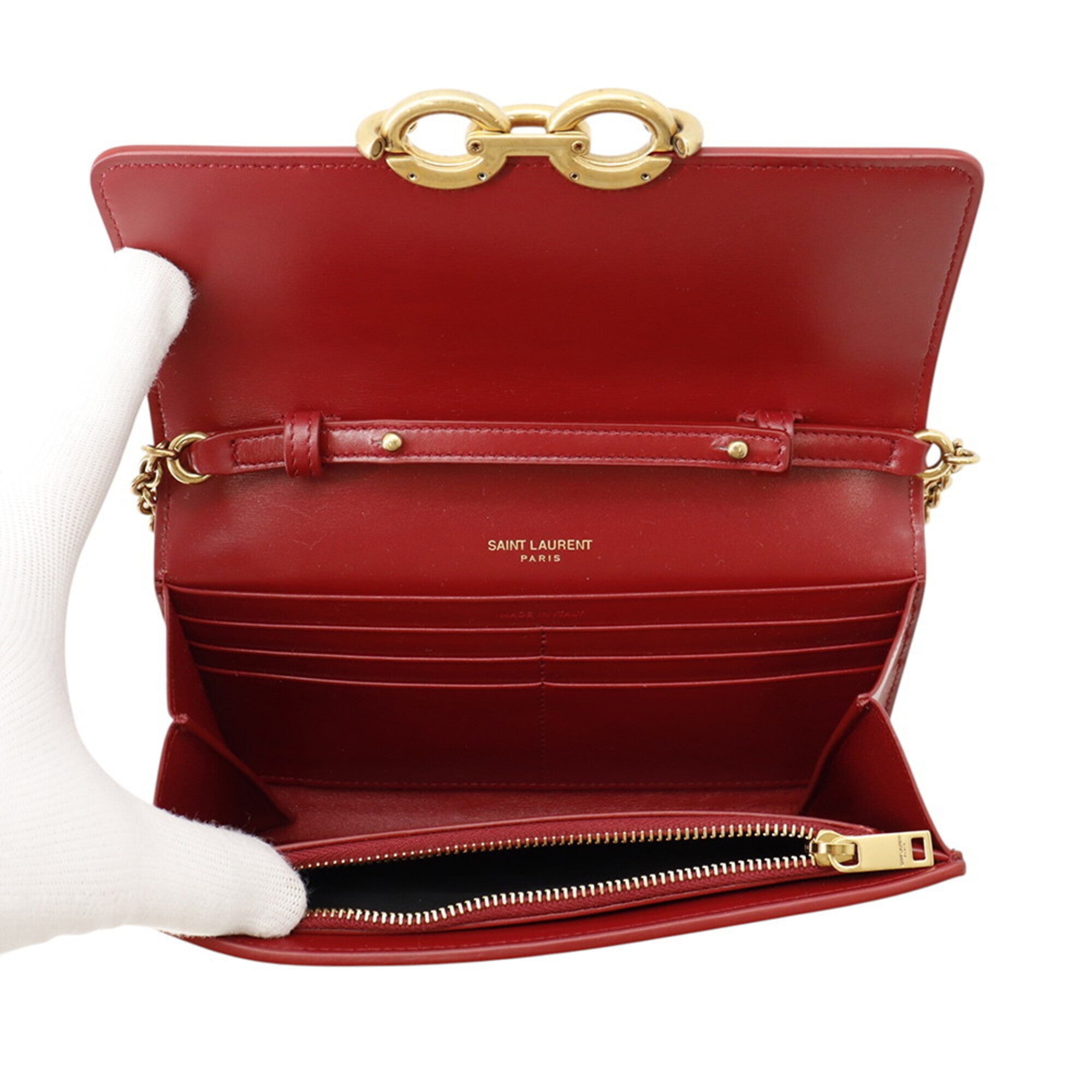 Yves Saint Laurent Red Color Leather Chain/Shoulder Wallet (Pre-Owned)