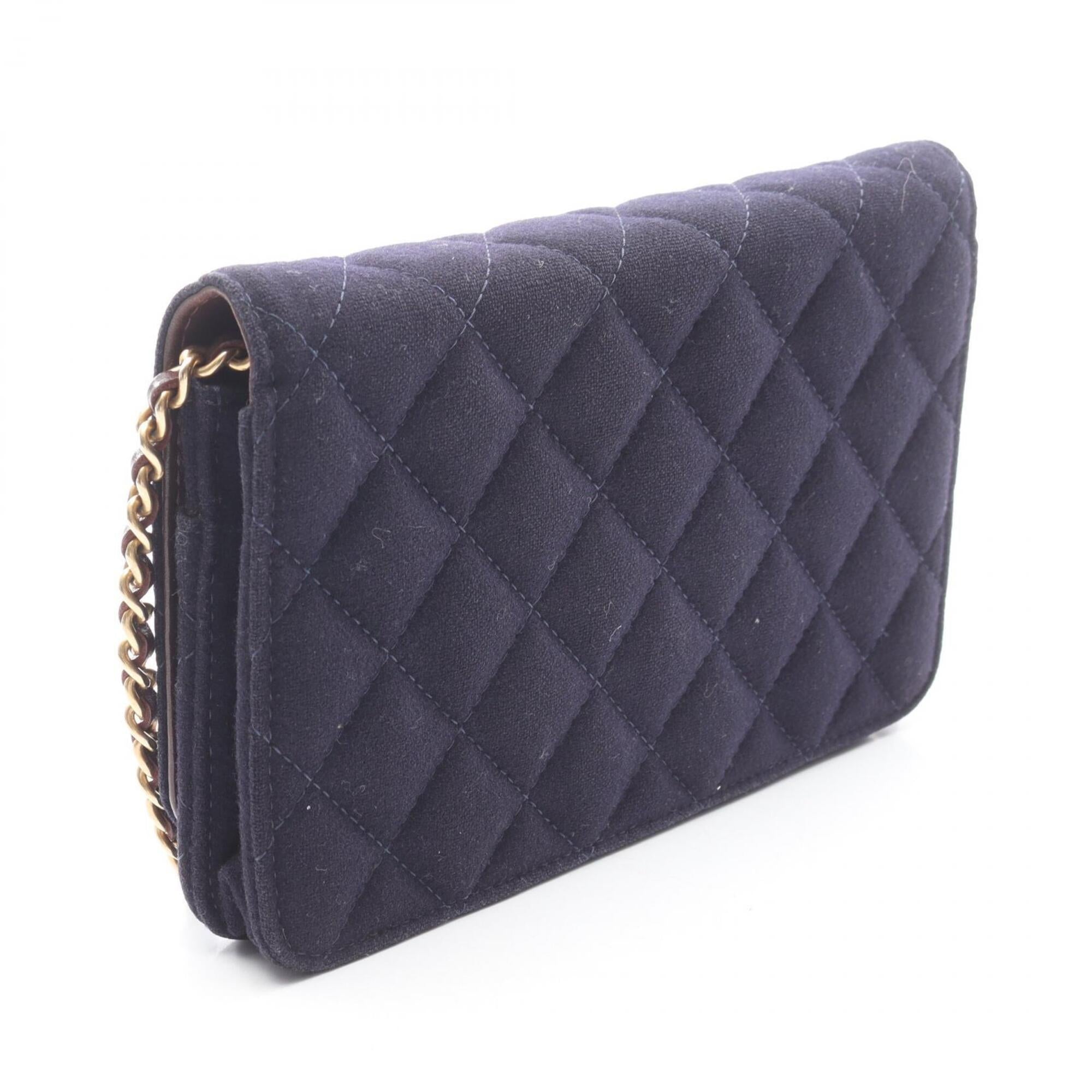 Chanel Brown Navy Wool Leather Handbag Shoulder Bag (Pre-Owned)