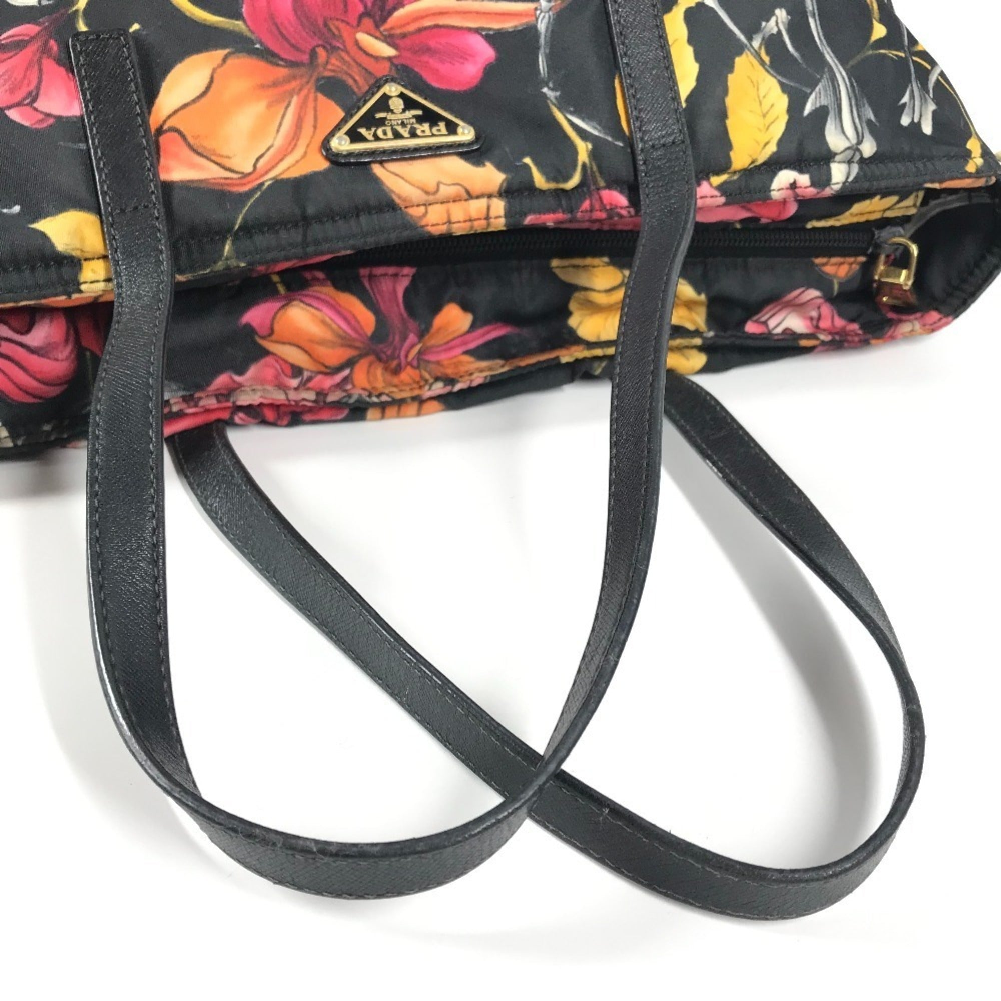 Prada Black Multi-Color Leather Nylon Handbag Shoulder Bag Tote Bag (Pre-Owned)