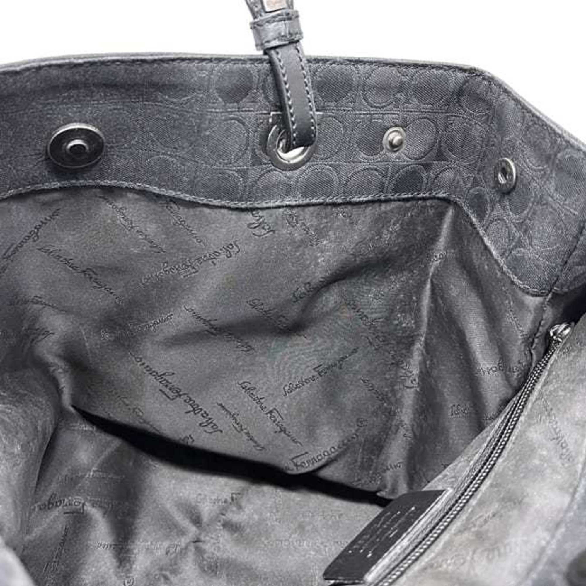 Salvatore Ferragamo Gancini Black Canvas Leather Tote Bag (Pre-Owned)