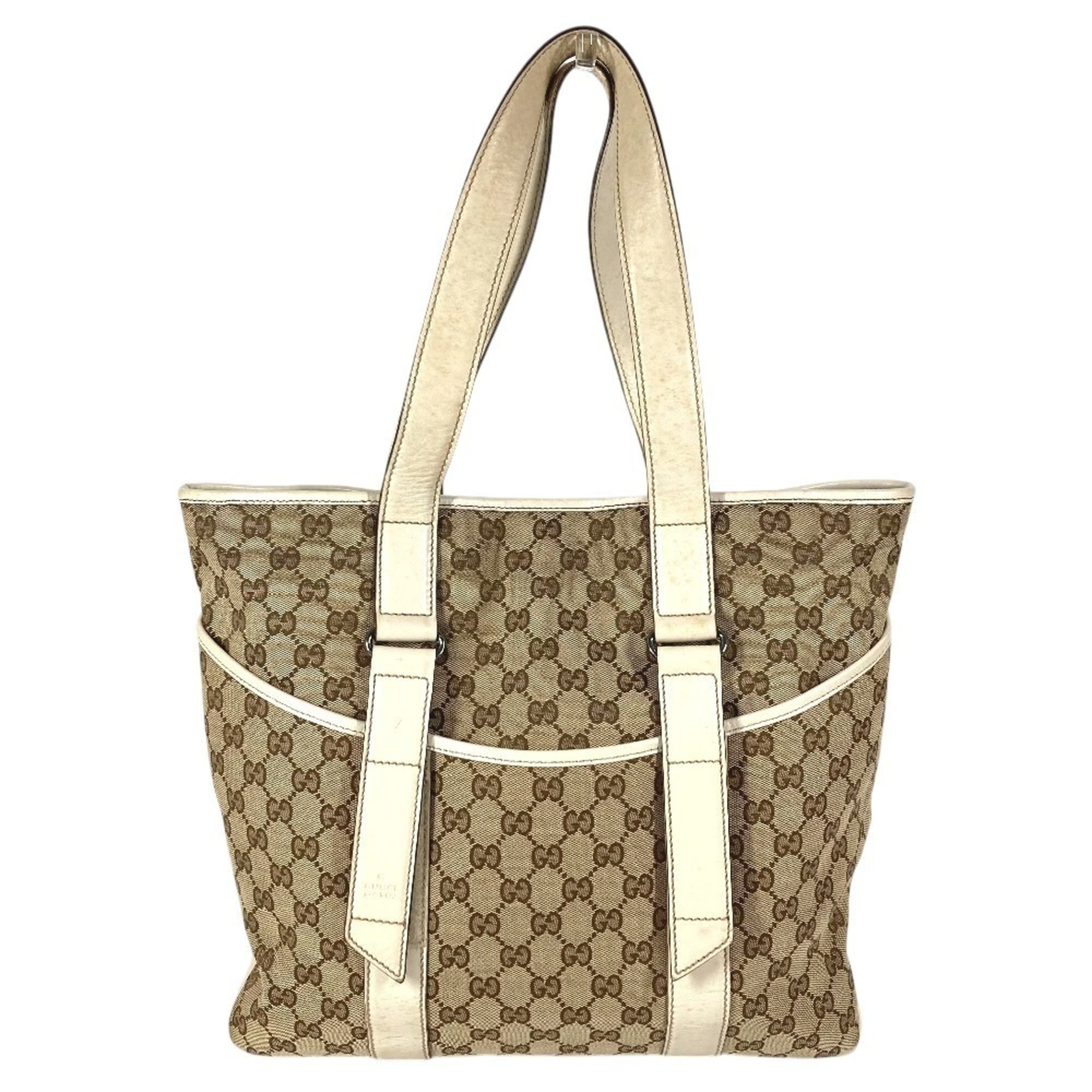 Gucci Beige White Gg Canvas Leather Shoulder Bag Tote Bag (Pre-Owned)