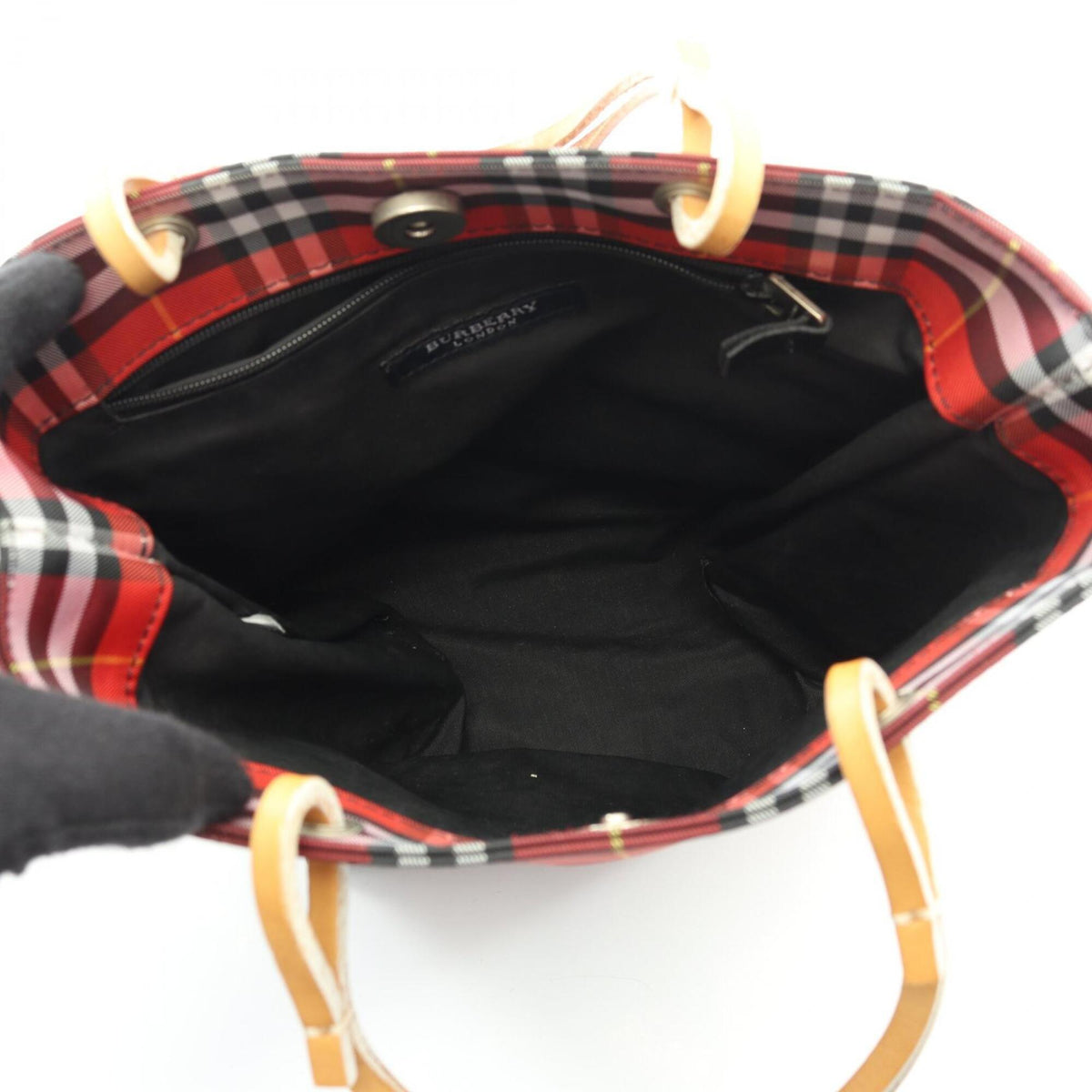 Burberry Brown Multi-Color Red Color Canvas Leather Handbag (Pre-Owned)