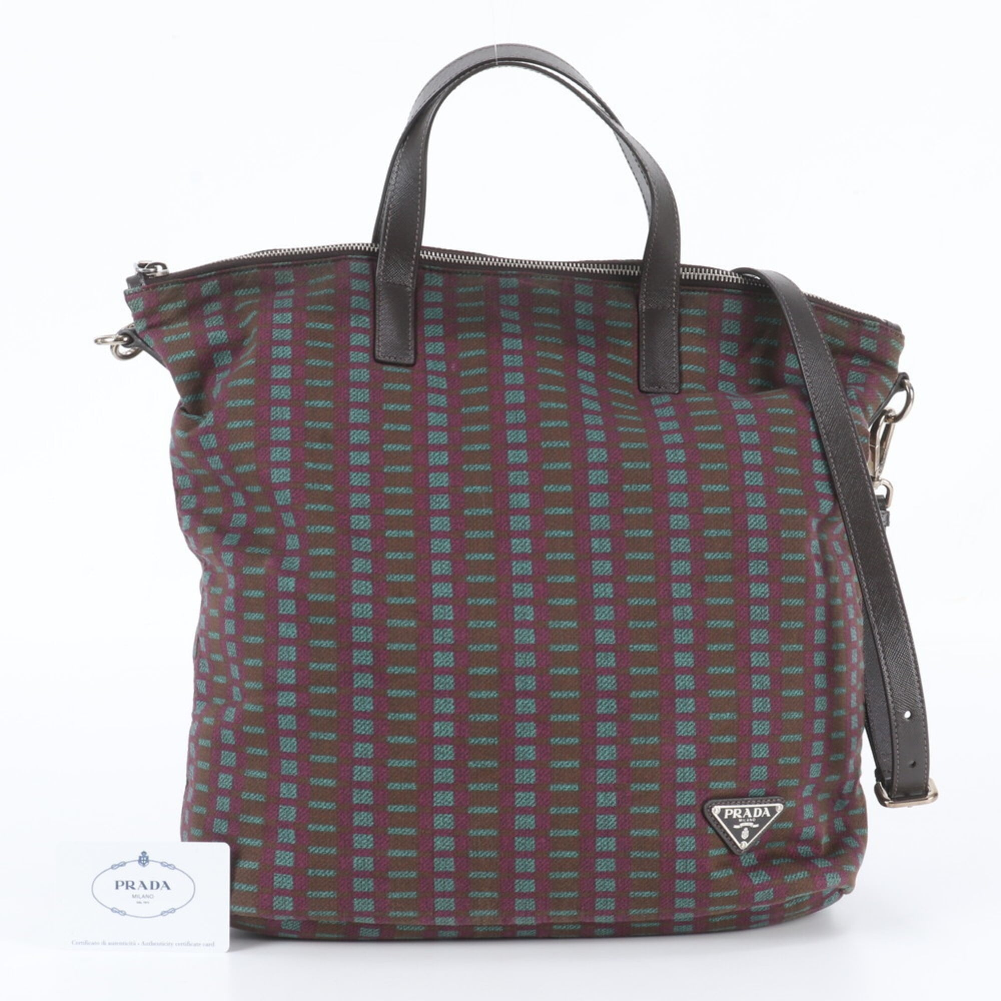 Prada Blue Brown Purple Leather Canvas Shoulder Bag Tote Bag (Pre-Owned)