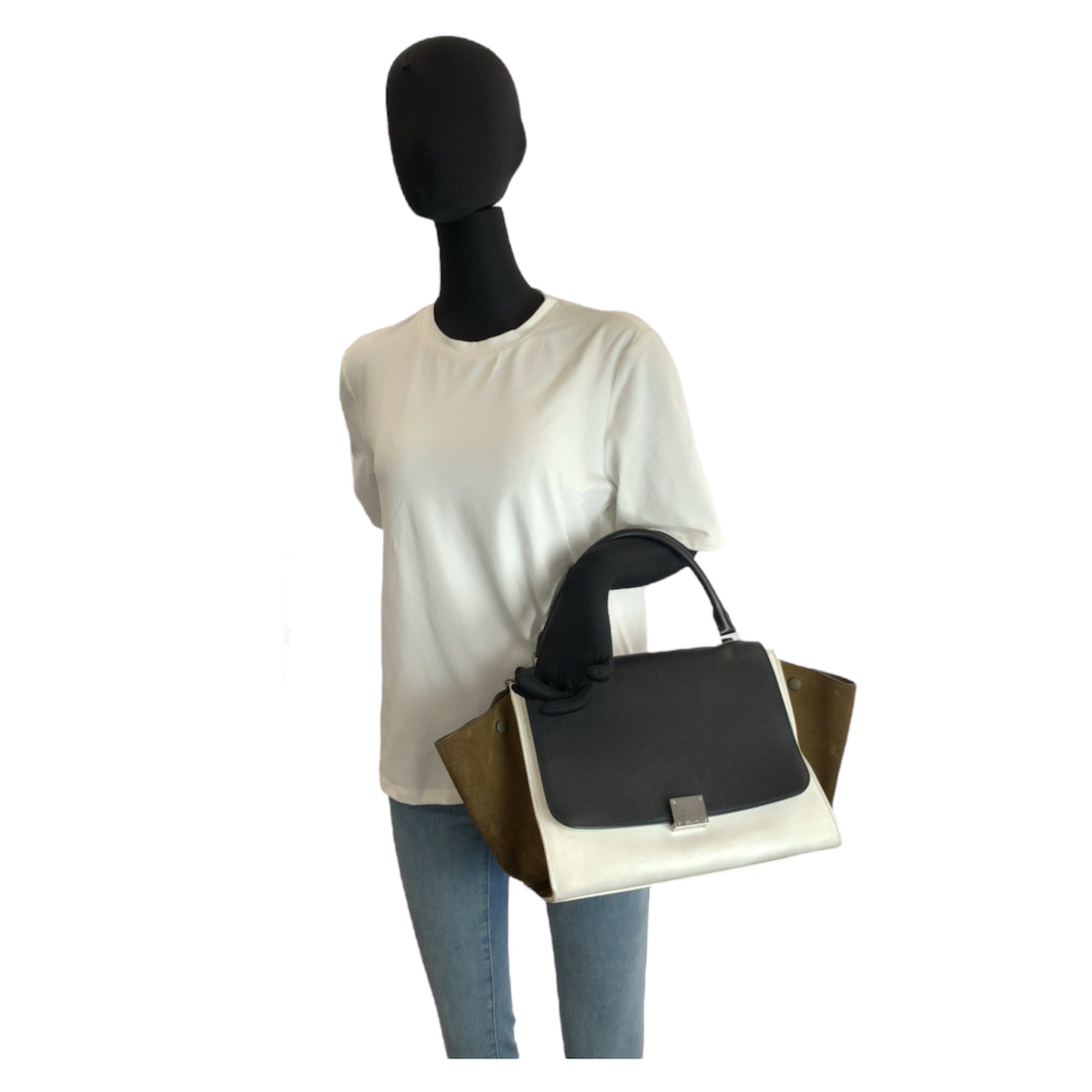 Celine Trapeze Black Khaki White Leather Suede Handbag Shoulder Bag (Pre-Owned)