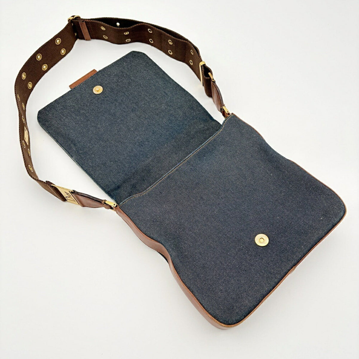 Christian Dior Brown Navy Denim Leather Shoulder Bag (Pre-Owned)