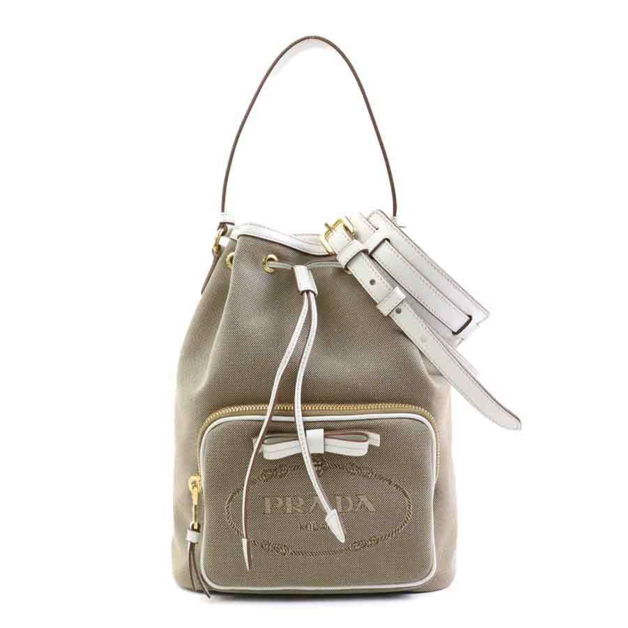 Prada Brown White Canvas Leather Handbag Shoulder Bag (Pre-Owned)
