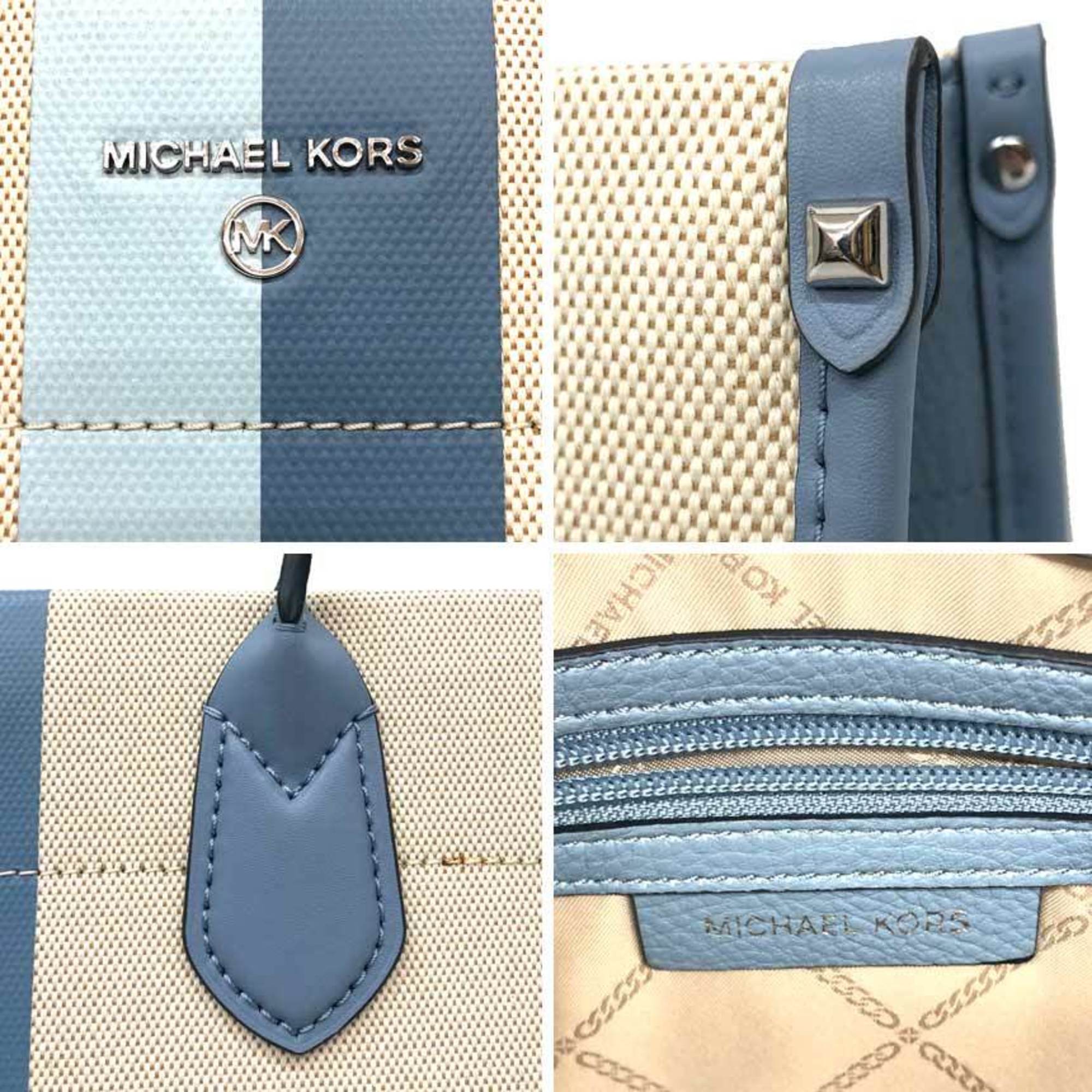 Michael Kors Beige Blue Canvas Leather Tote Bag (Pre-Owned)
