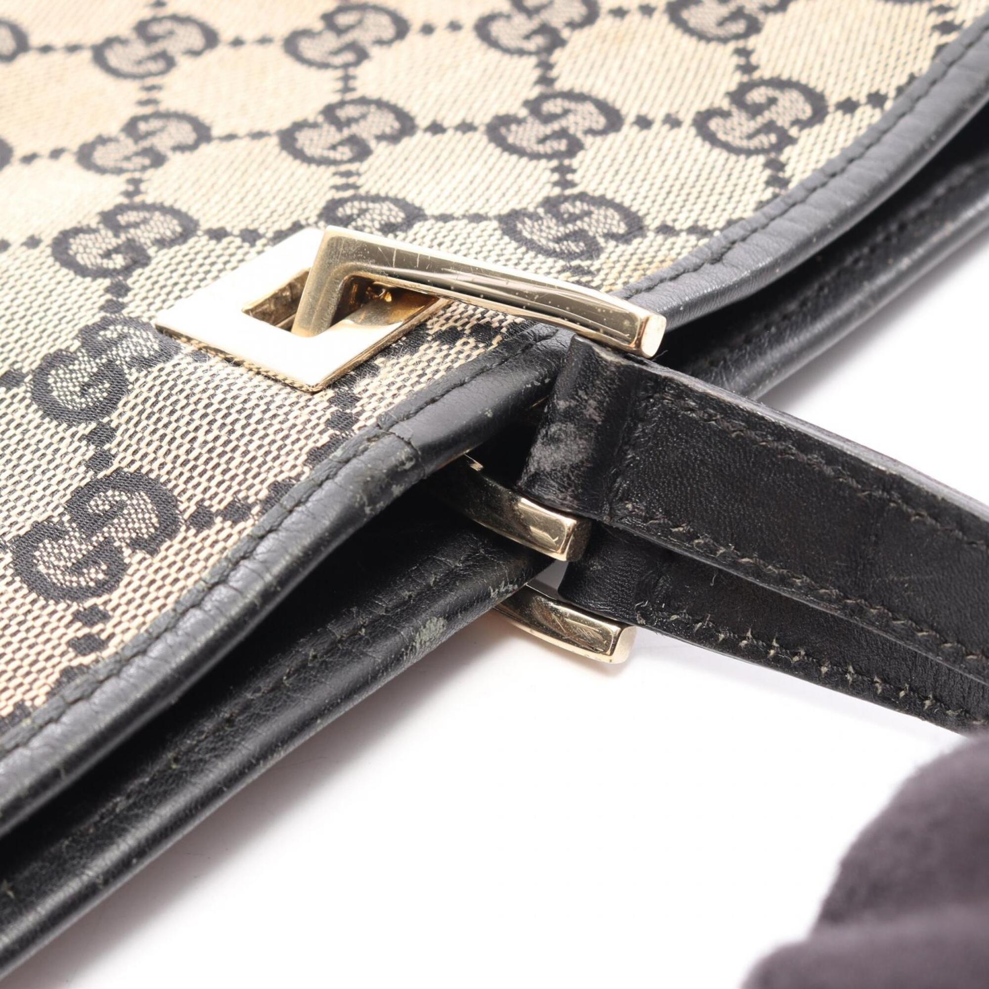 Gucci Beige Black Canvas Leather Handbag Tote Bag (Pre-Owned)