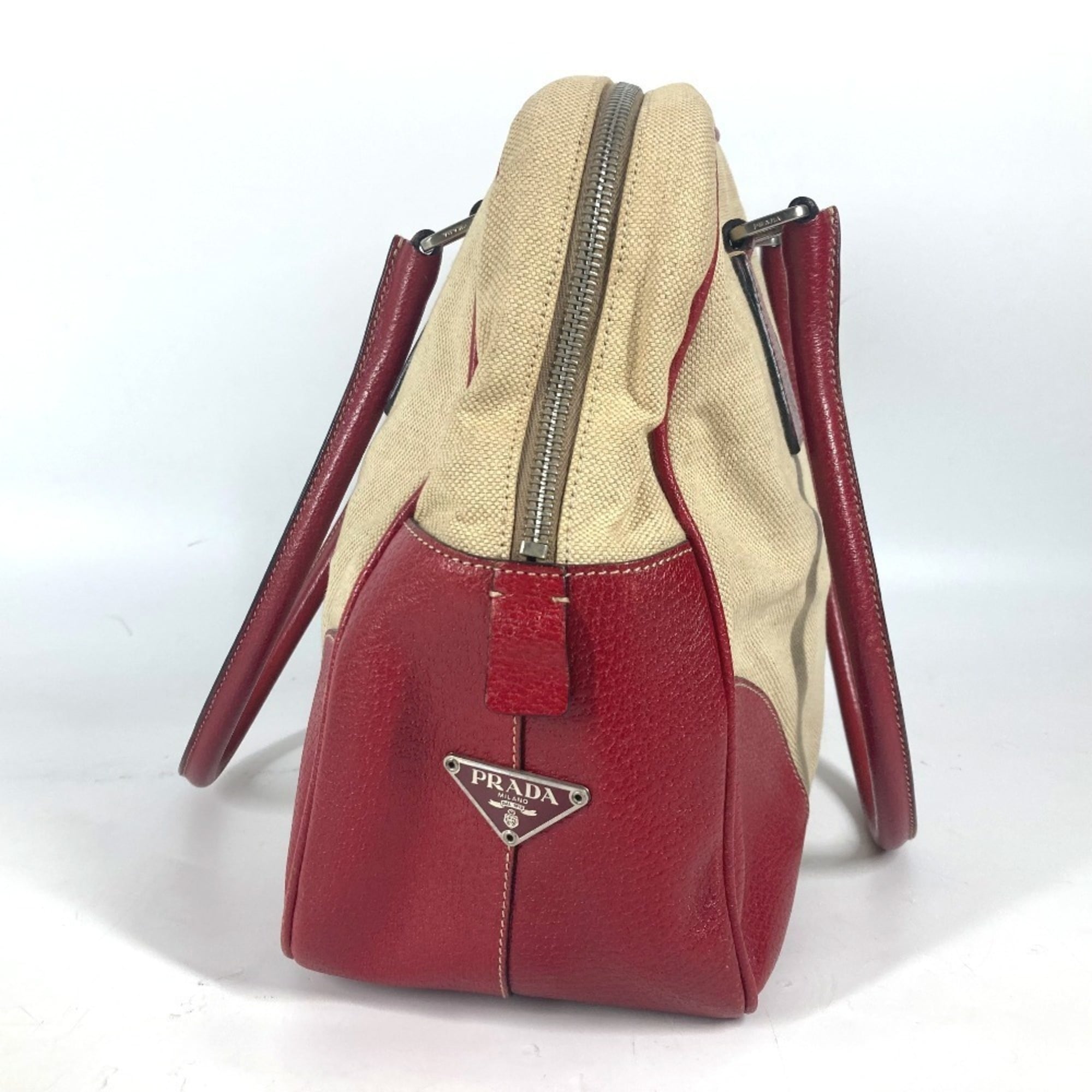 Prada Beige Red Color Leather Canvas Boston Bag Shoulder Bag (Pre-Owned)