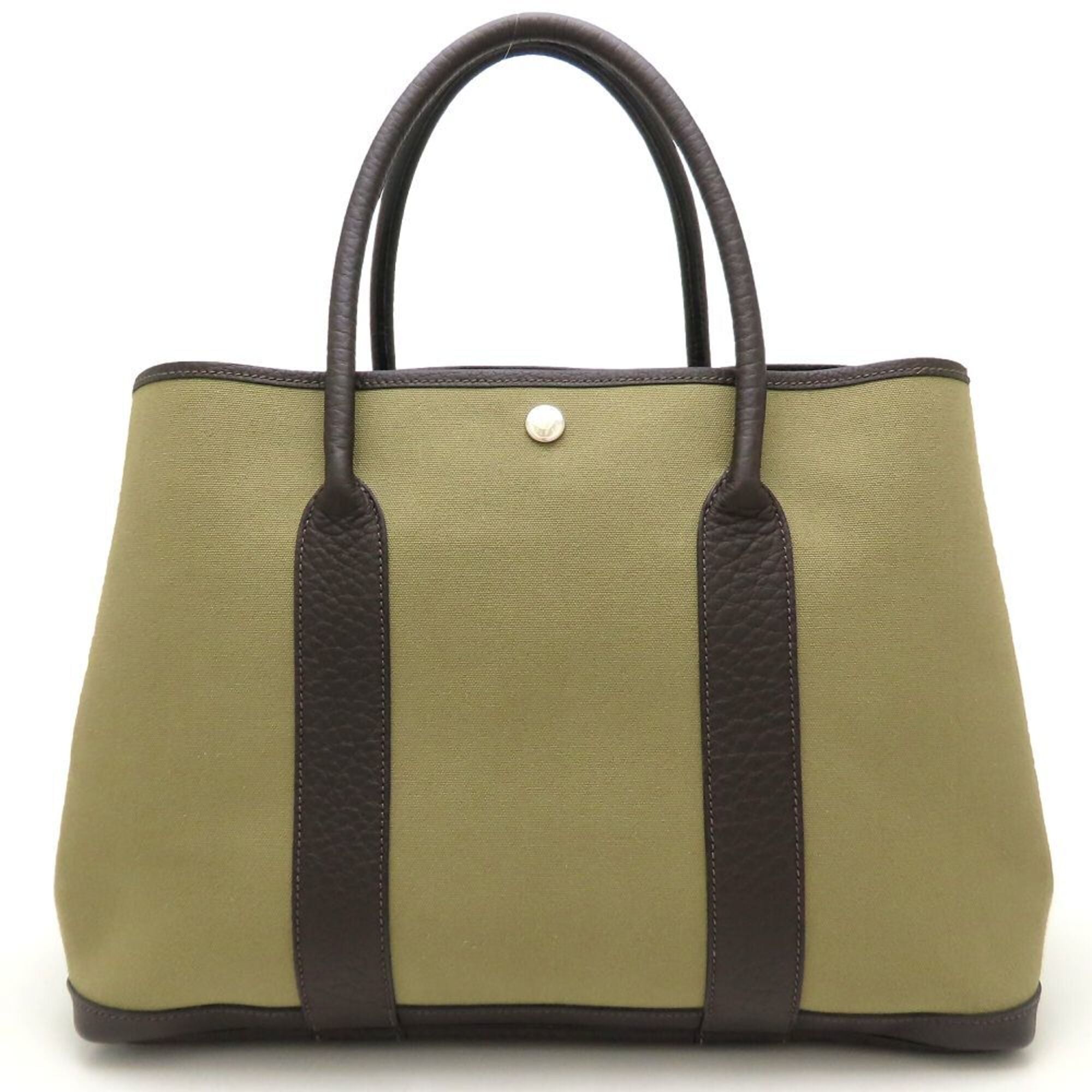 Hermes Garden Dark Brown Khaki Buffalo Leather Toile Officier Handbag (Pre-Owned)