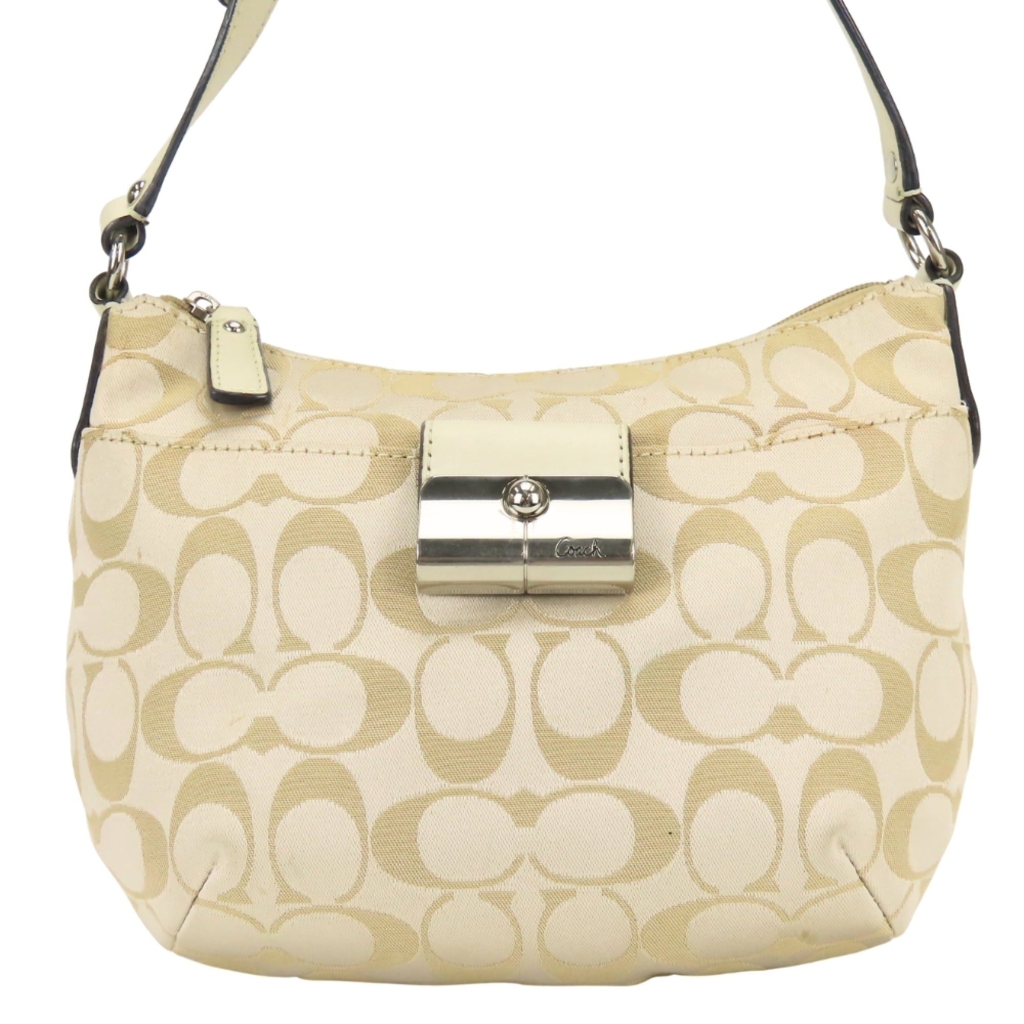 Coach Signature Gold Grayish Canvas Leather Shoulder Bag (Pre-Owned)