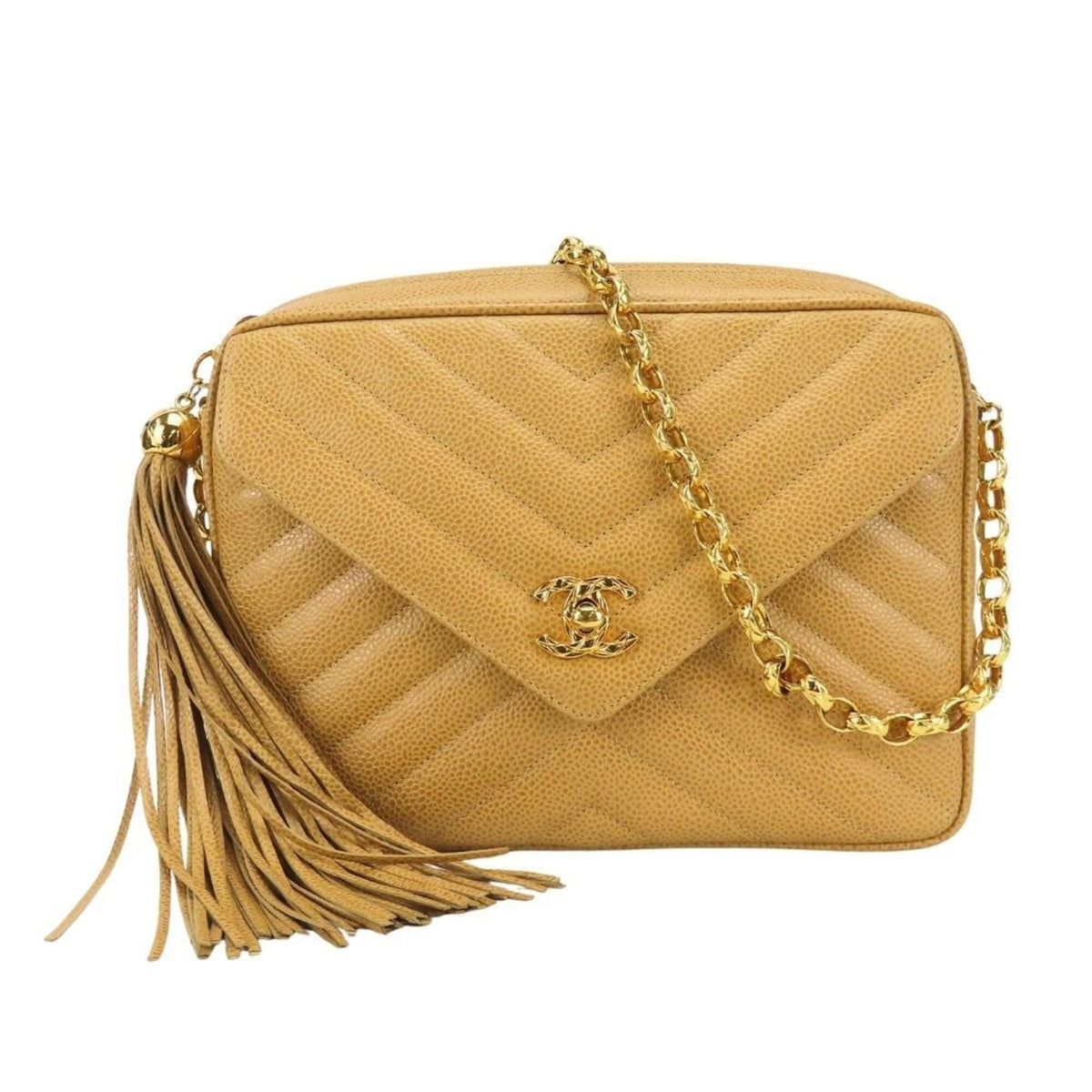 Chanel Beige Gold Grained Calfskin Shoulder Bag (Pre-Owned)