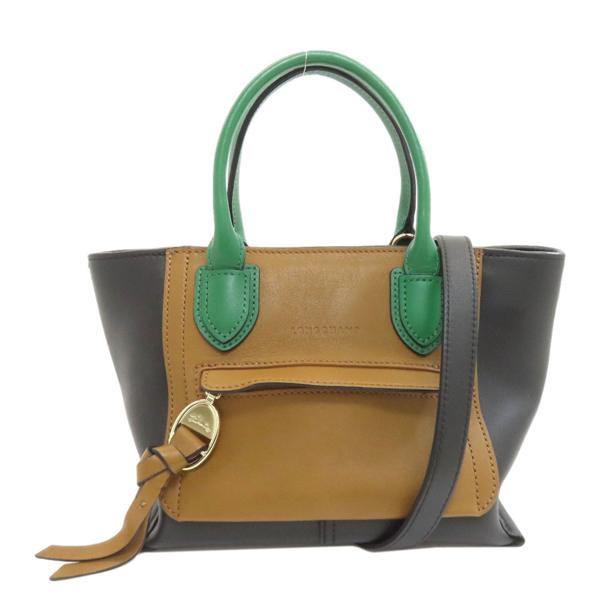 Longchamp Black Brown Green Leather Handbag (Pre-Owned)