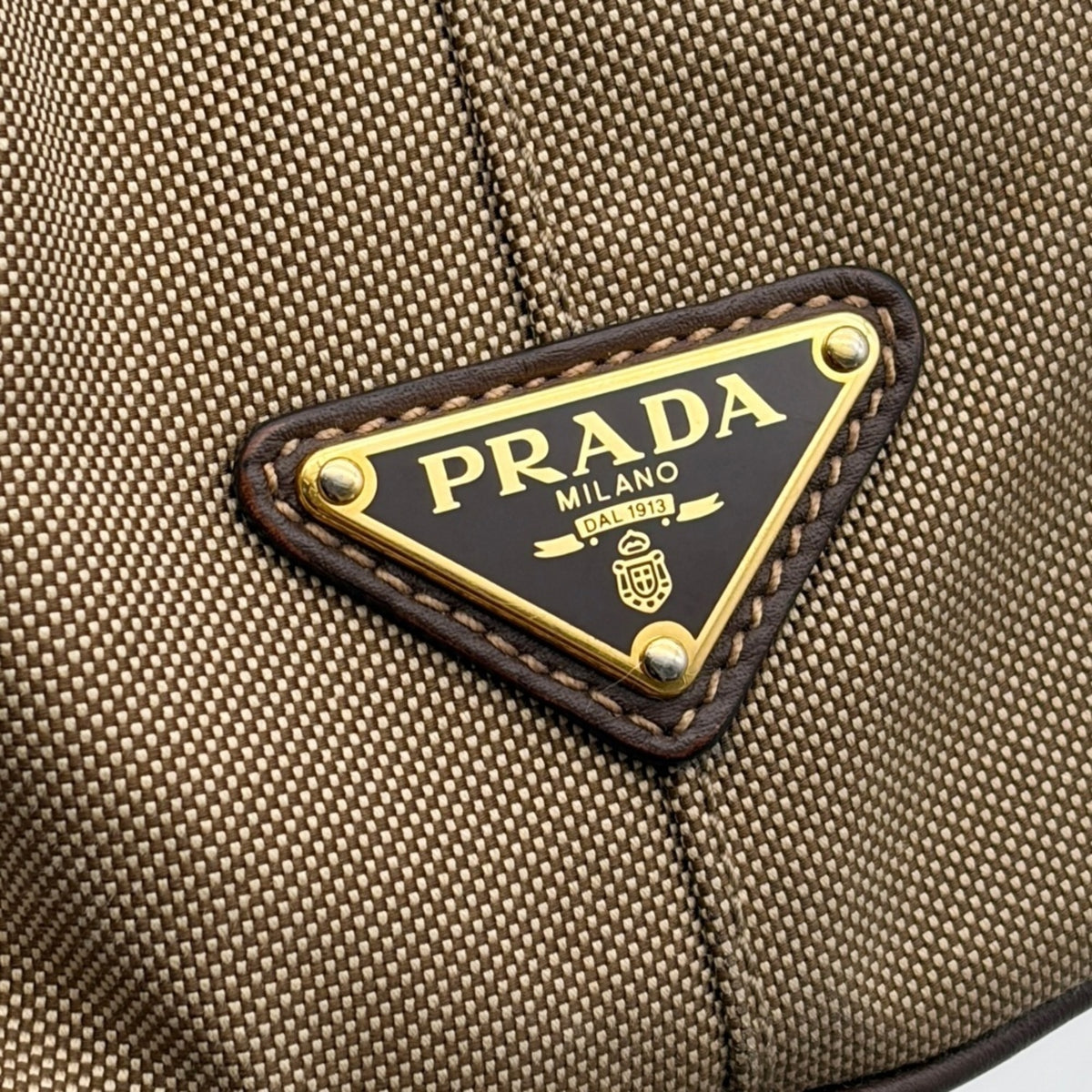 Prada Beige Dark Brown Canvas Leather Tote Bag (Pre-Owned)