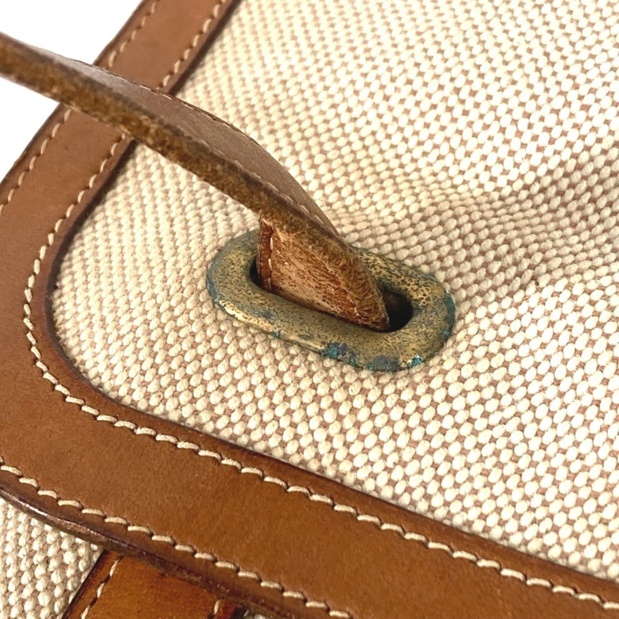 Hermes Beige Brown Leather Canvas Handbag Shoulder Bag (Pre-Owned)