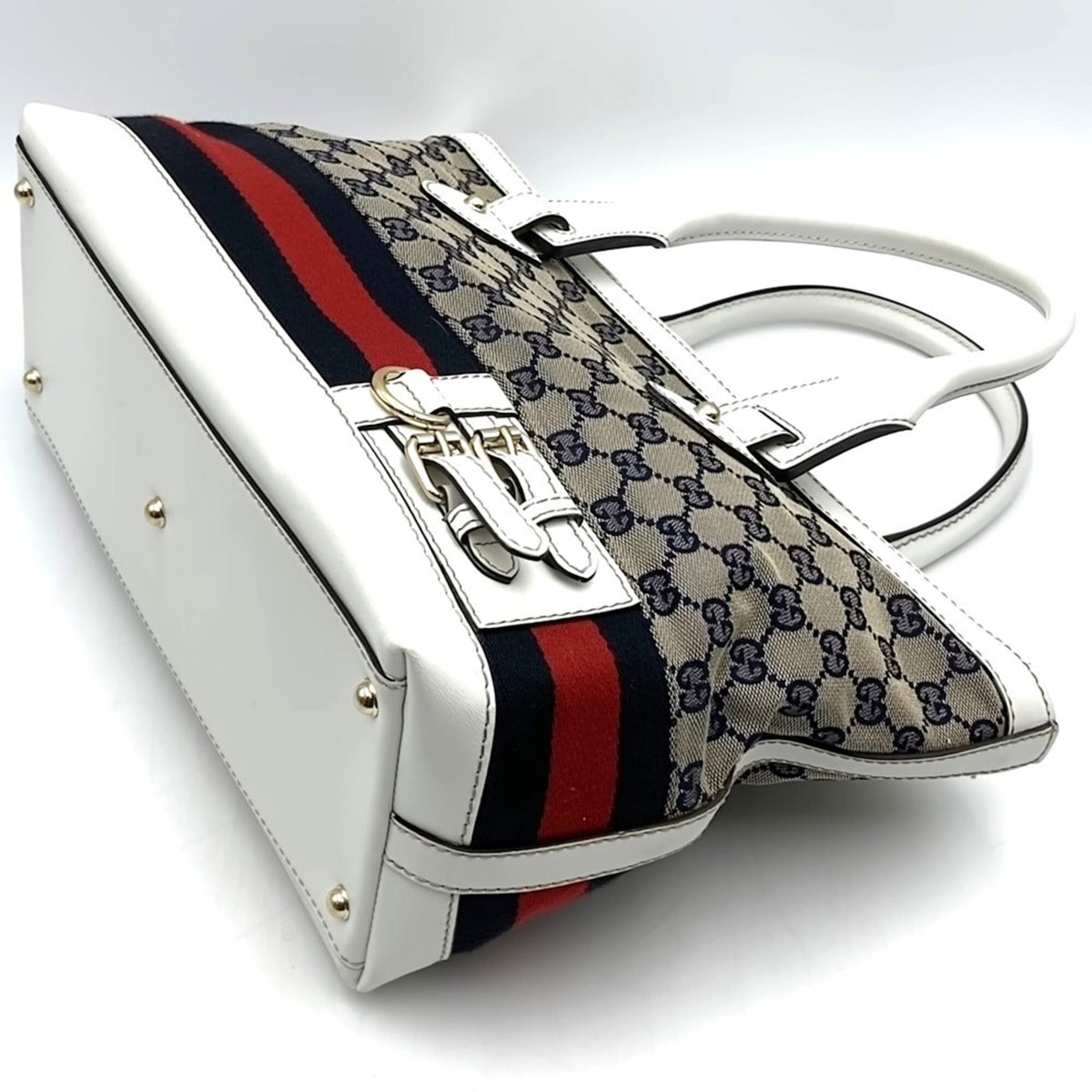 Gucci Beige Navy White Gg Canvas Tote Bag (Pre-Owned)