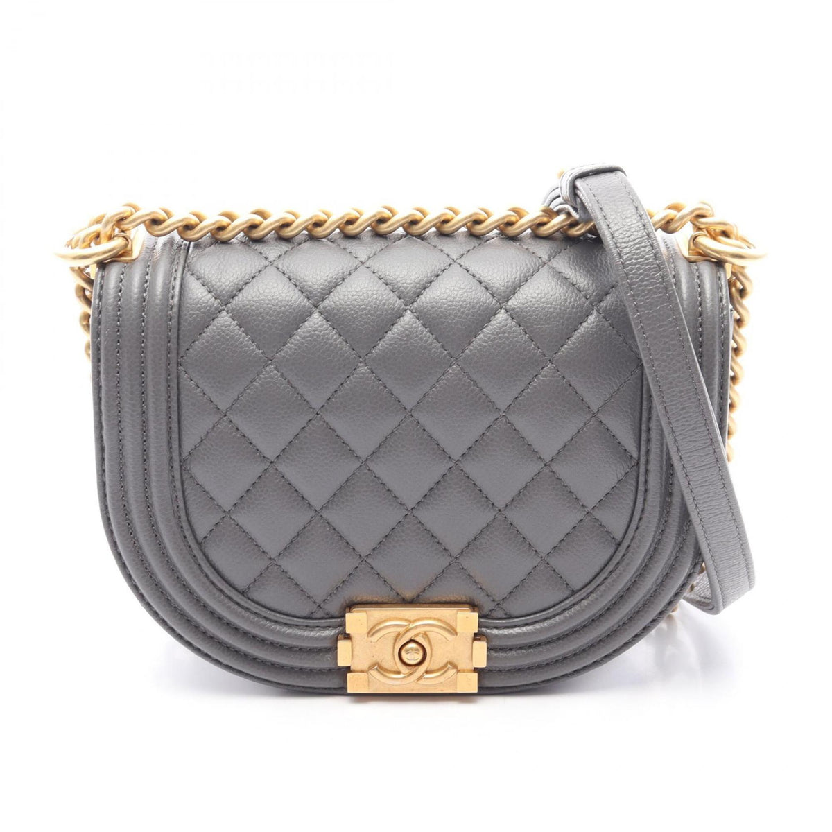 Chanel Boy Chanel Gray Grained Calfskin Handbag Shoulder Bag (Pre-Owned)