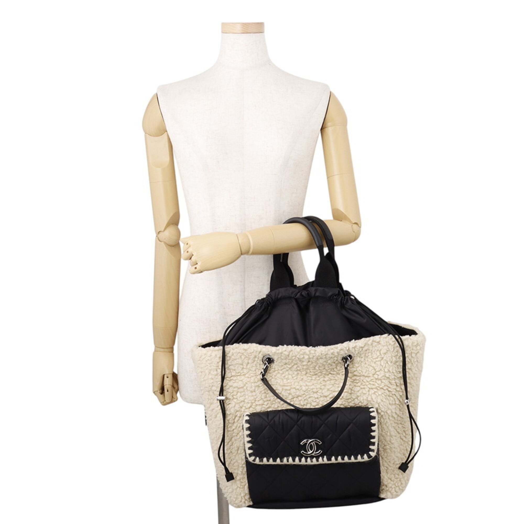 Chanel Matelasse Black Ivory Nylon Leather Handbag Tote Bag (Pre-Owned)
