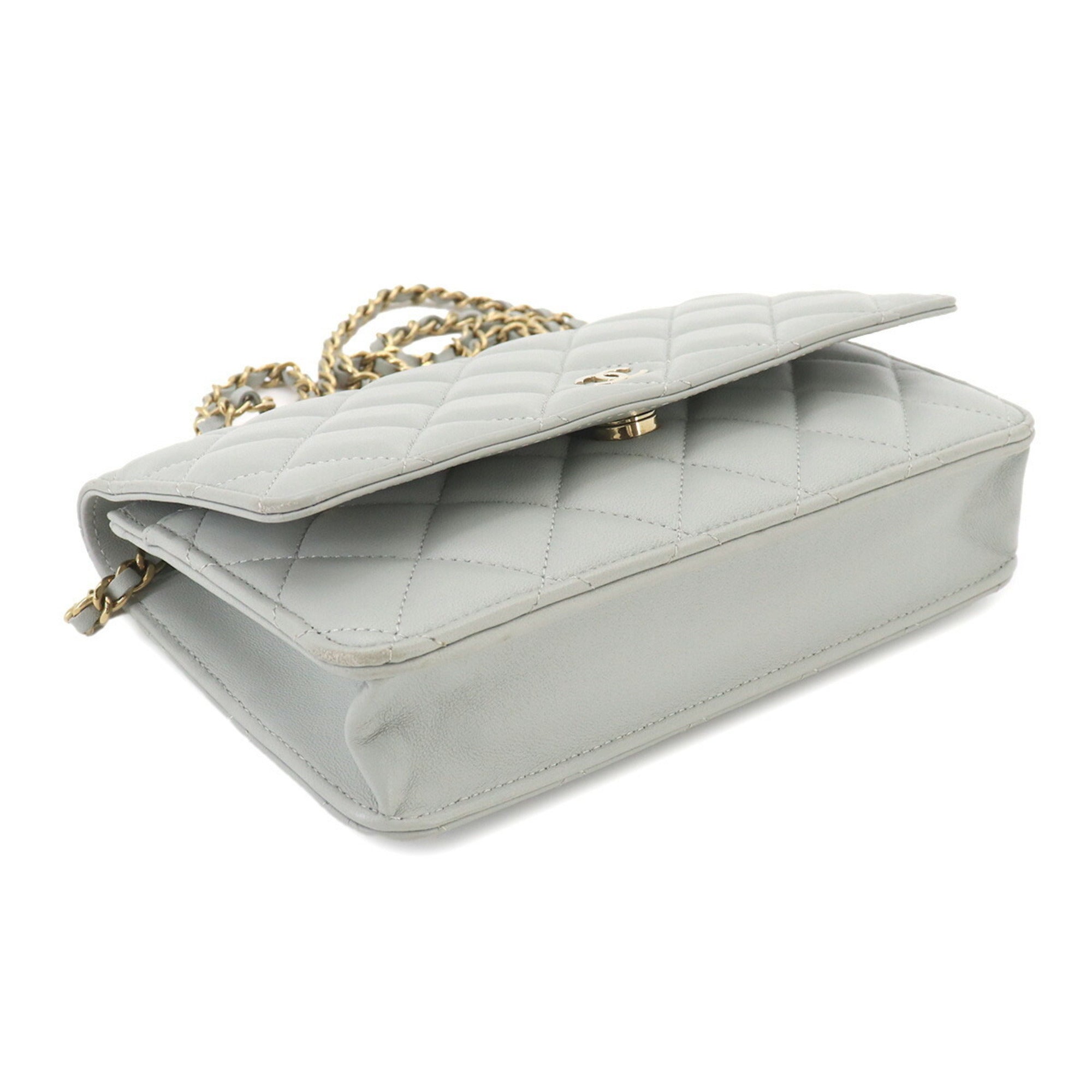 Chanel Light Gray Leather Chain/Shoulder Wallet (Pre-Owned)
