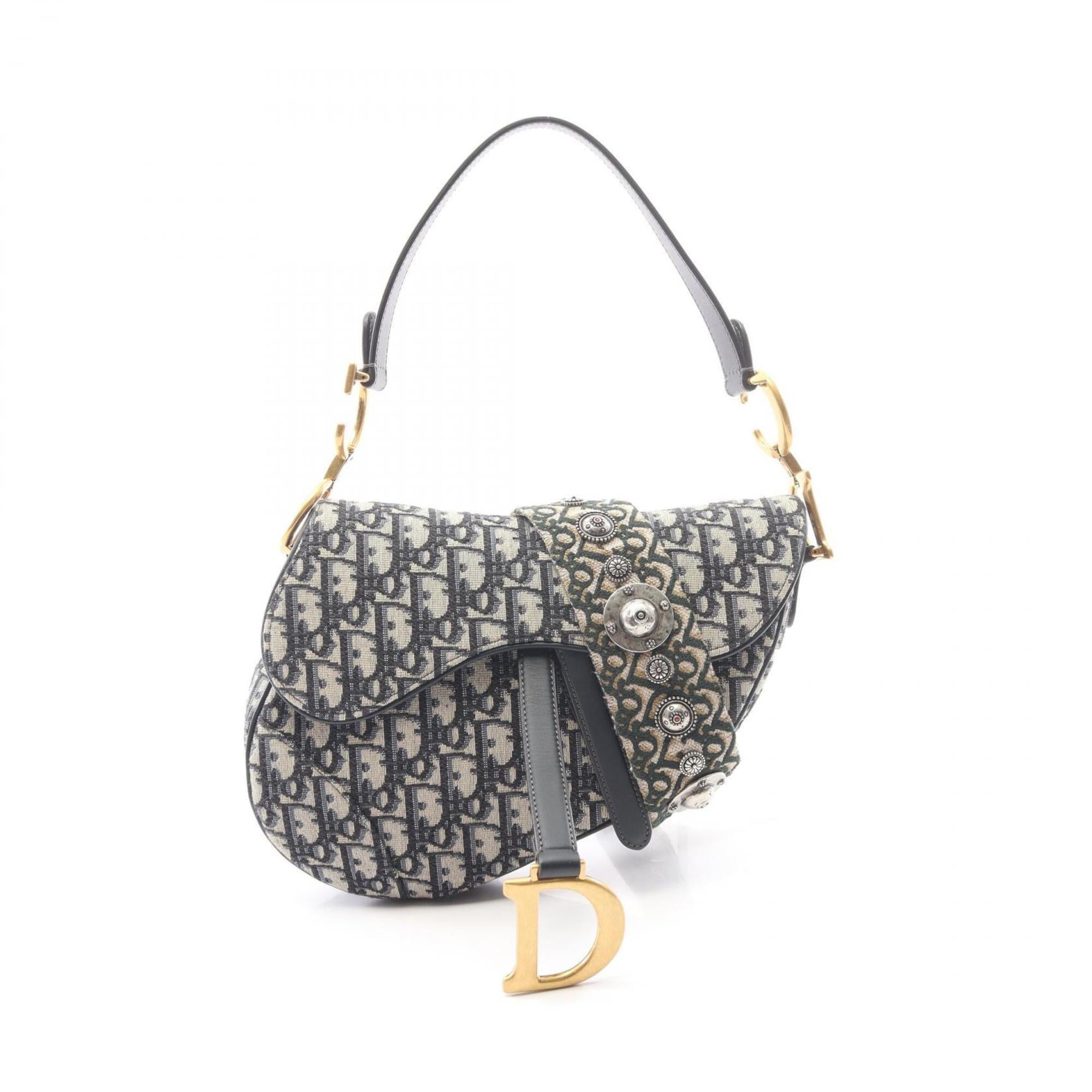 Christian Dior Beige Navy Canvas Leather Handbag Saddle Bag (Pre-Owned)