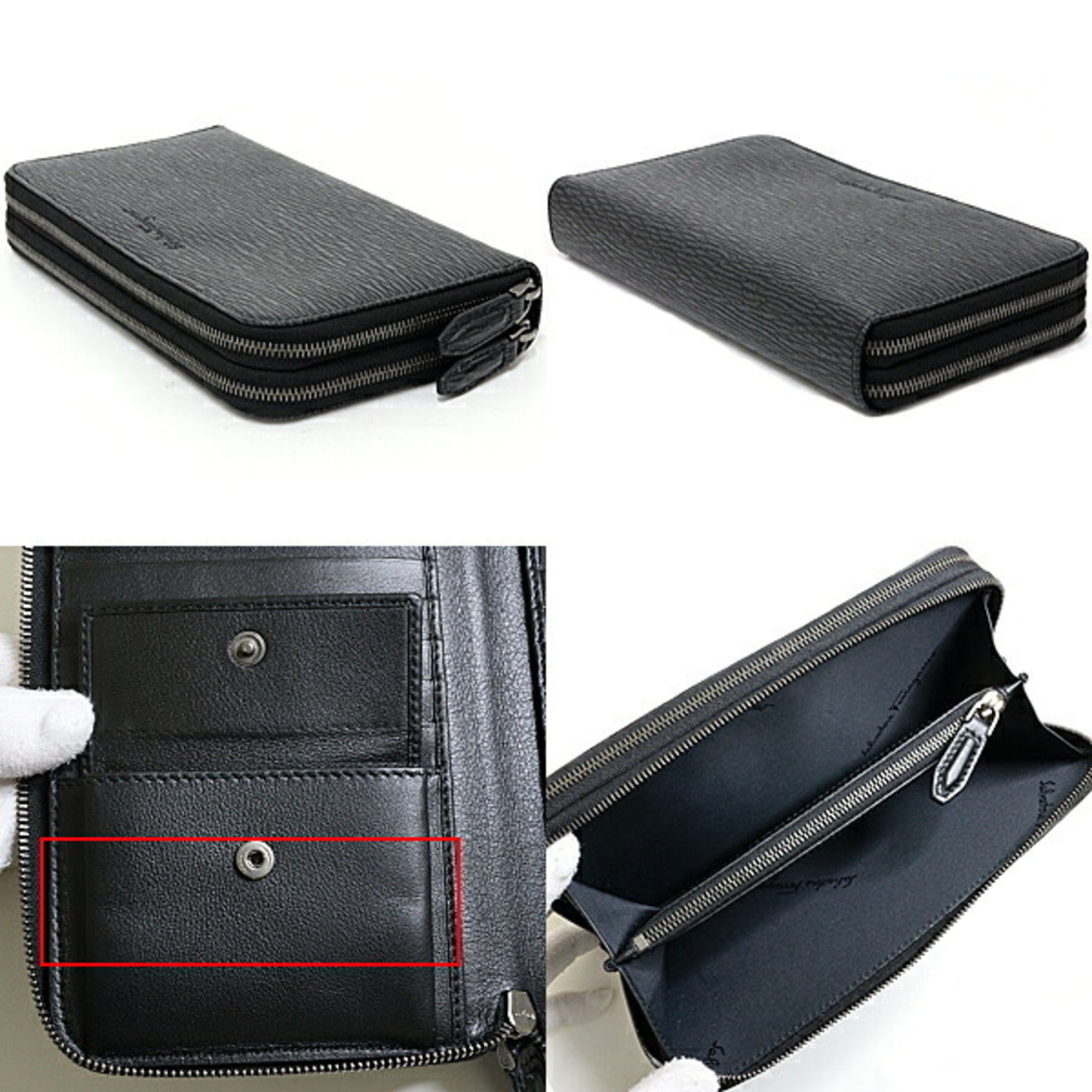 Salvatore Ferragamo Black Gray Leather Long Wallet (Bi-Fold) (Pre-Owned)