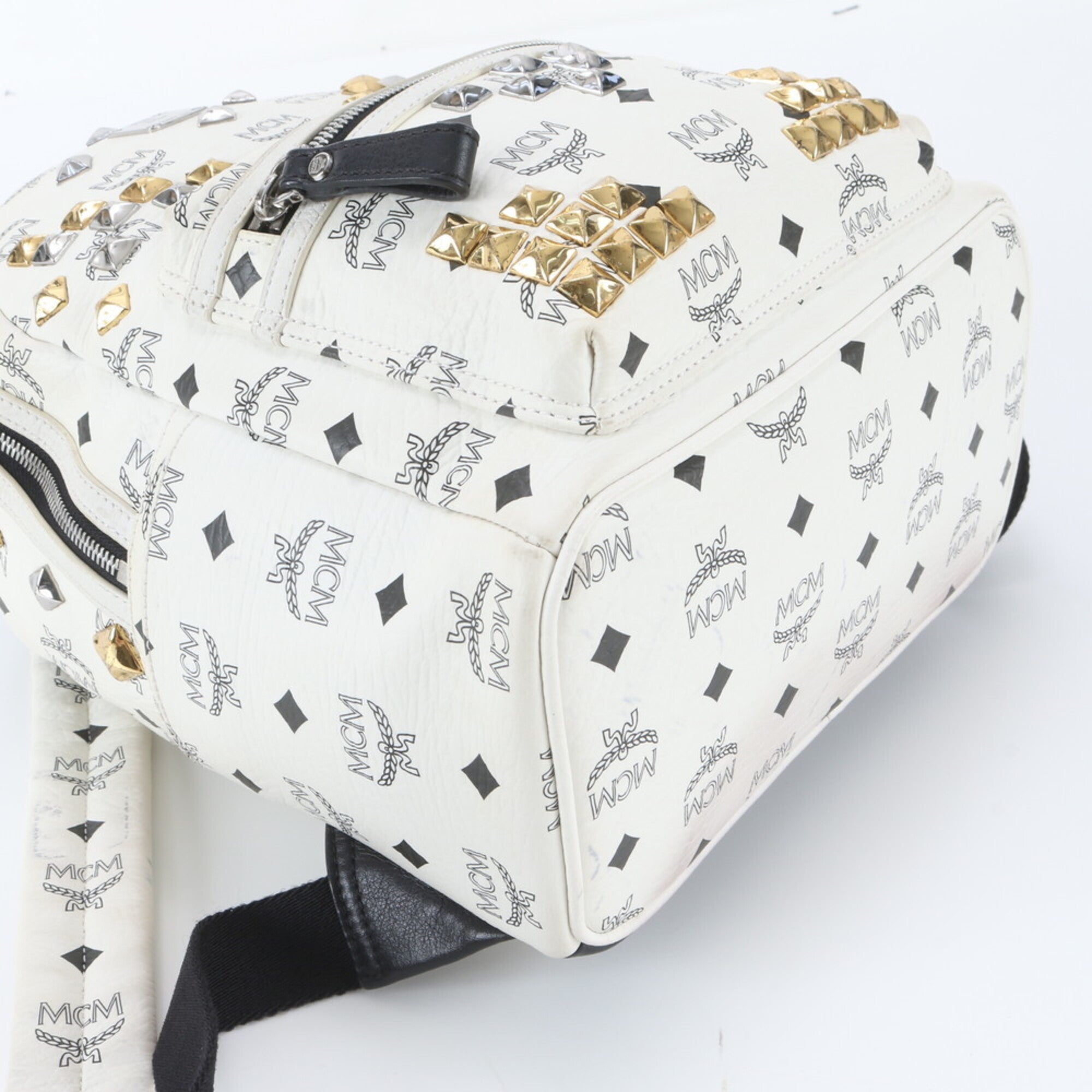 Mcm White Leather Coated Canvas Backpack Shoulder Bag (Pre-Owned)