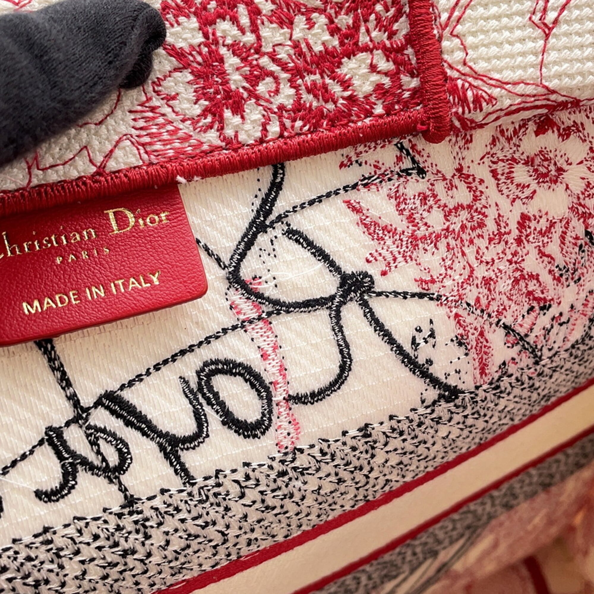 Christian Dior Black Red Color White Canvas Handbag Tote Bag (Pre-Owned)