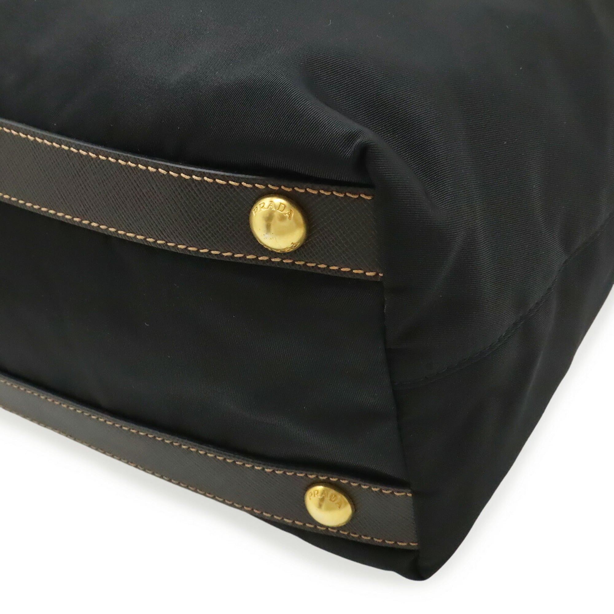 Prada Black Dark Brown Nero Nylon Leather Shoulder Bag Tote Bag (Pre-Owned)