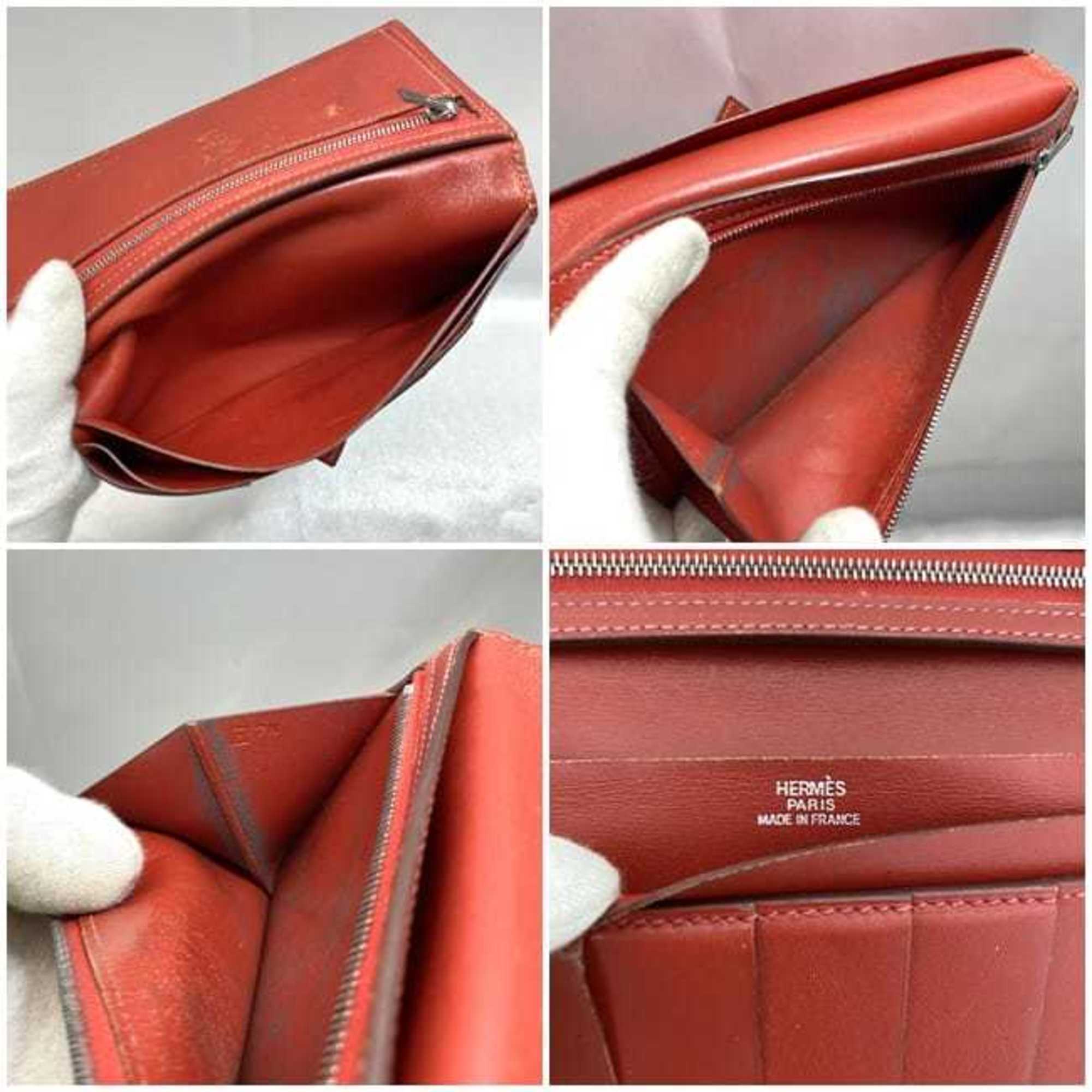 Hermes Red Color Leather Long Wallet (Bi-Fold) (Pre-Owned)