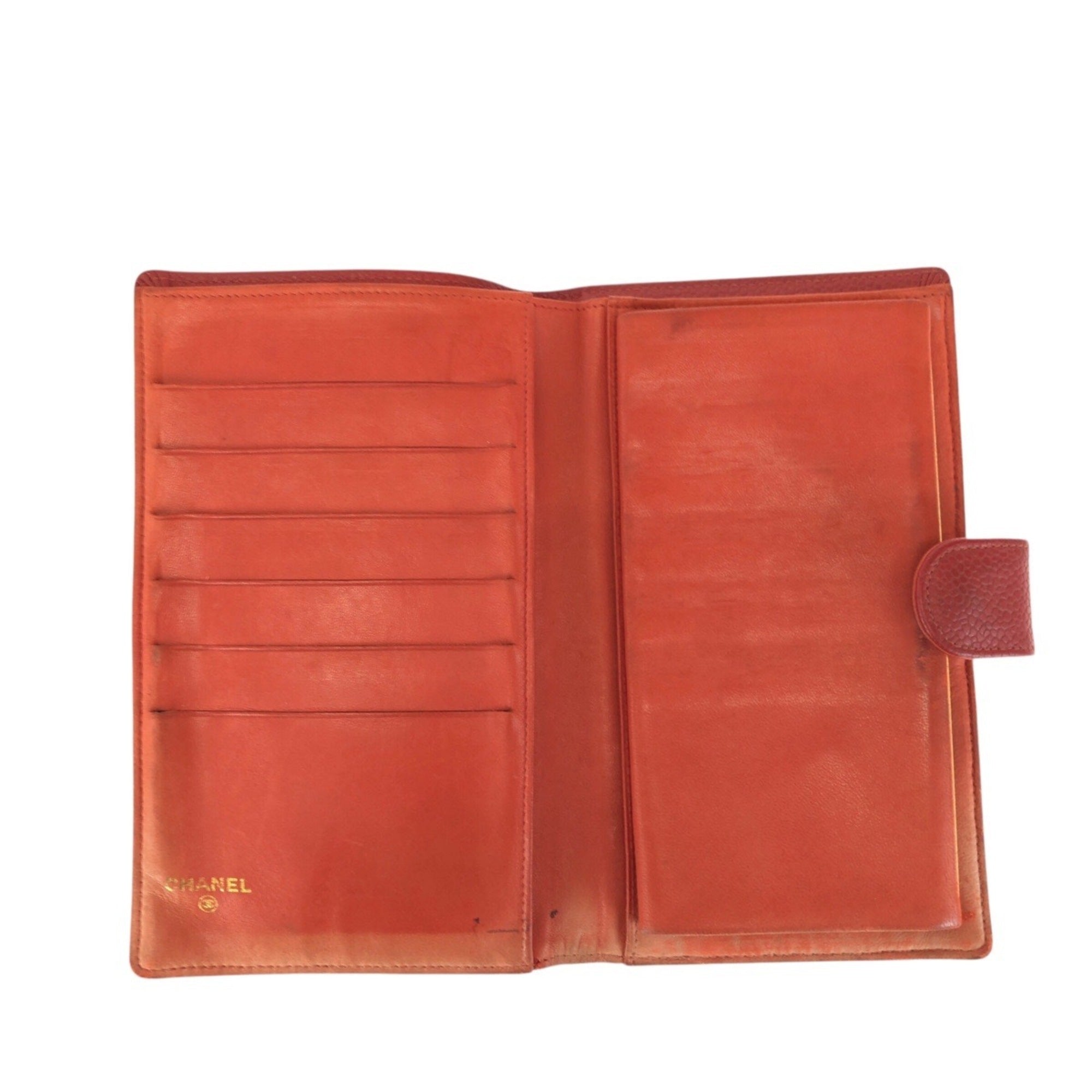 Chanel Red Color Grained Calfskin Middle Wallet (Bi-Fold) (Pre-Owned)