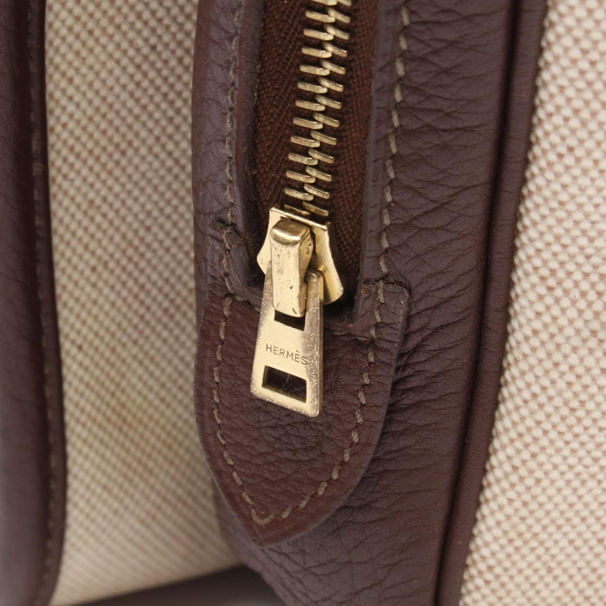 Hermes Brown Ecru Ivory Toile H Taurillon Clemence Leather Handbag (Pre-Owned)