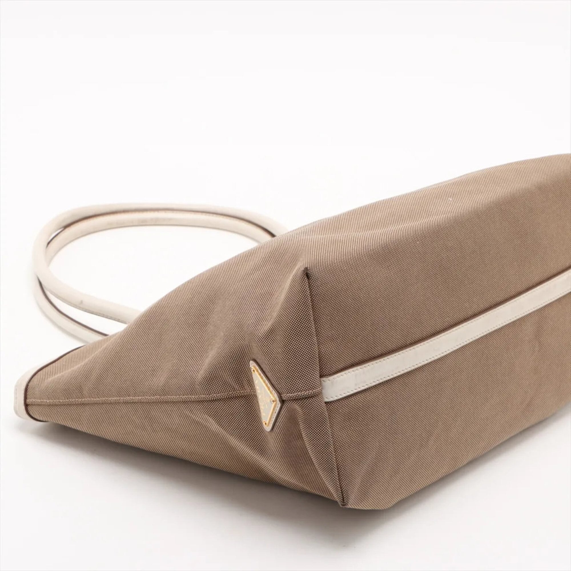 Prada Beige White Canvas Leather Handbag Tote Bag (Pre-Owned)