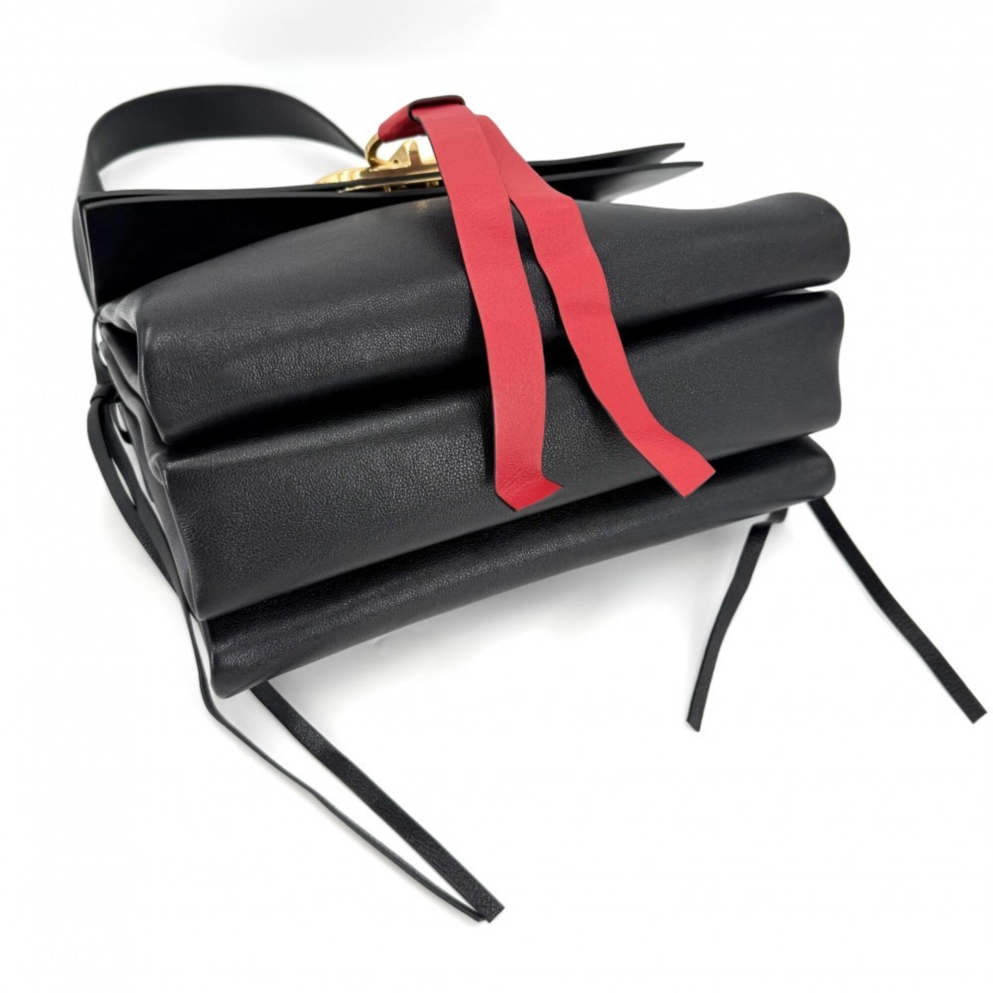 Valentino Garavani Black Red Color Leather Shoulder Bag (Pre-Owned)