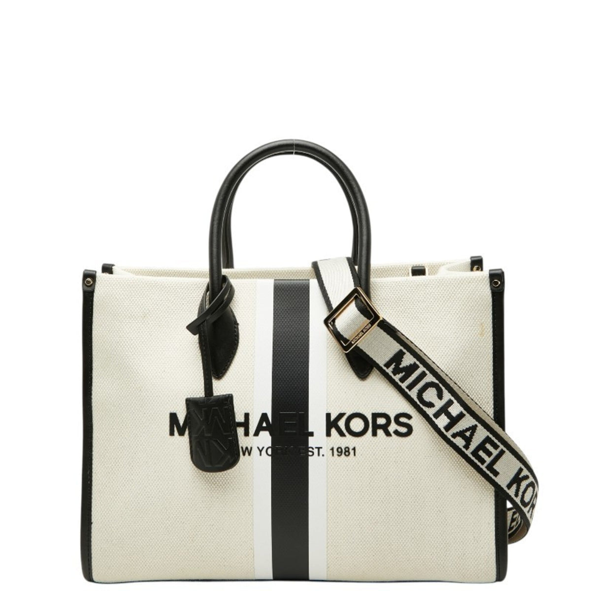 Michael Kors Black White Canvas Leather Shoulder Bag Tote Bag (Pre-Owned)