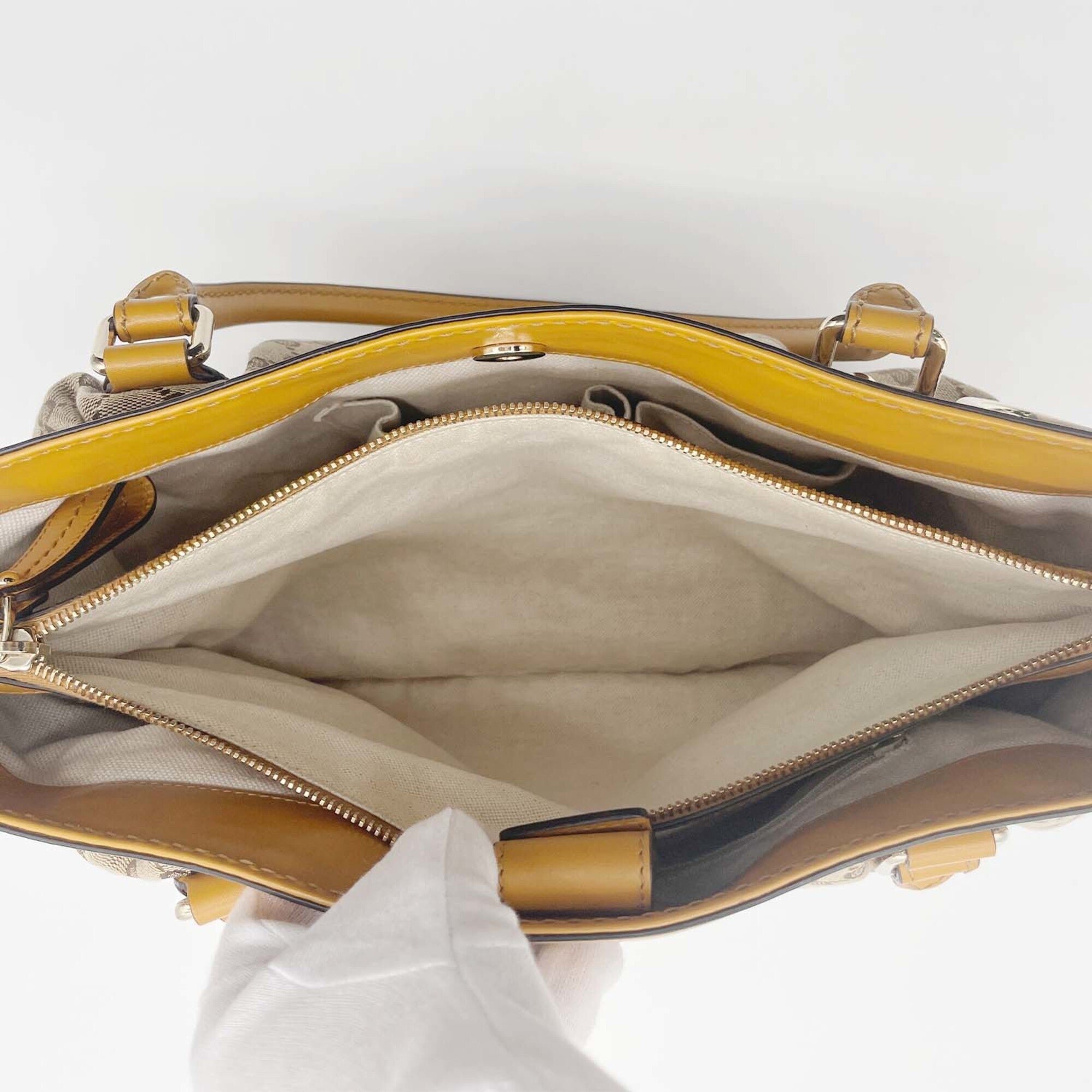 Gucci Brown Yellow Canvas Leather Handbag Tote Bag (Pre-Owned)