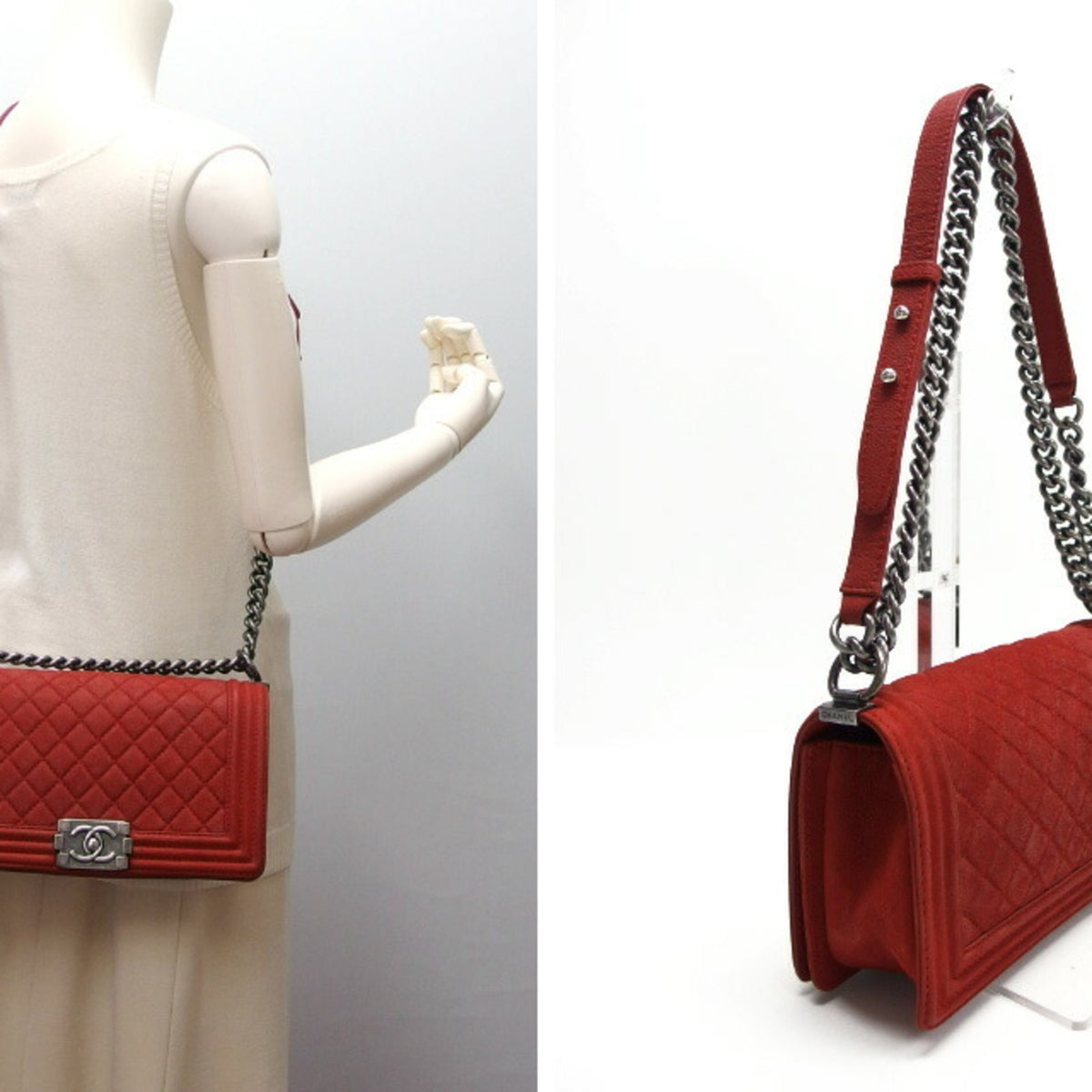 Chanel Red Color Grained Calfskin Shoulder Bag (Pre-Owned)