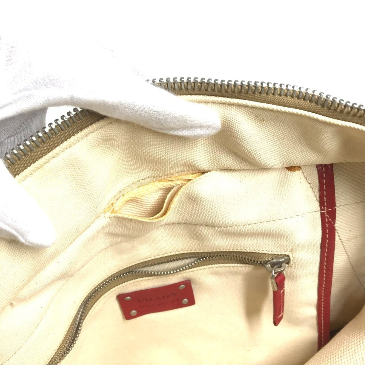 Prada Beige Red Color Yellow Leather Canvas Shoulder Bag Tote Bag (Pre-Owned)