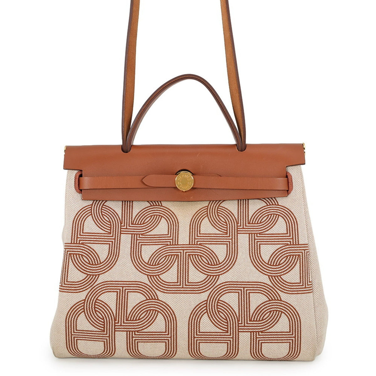 Hermes Beige Brown Ecru Toile H Leather Handbag (Pre-Owned)