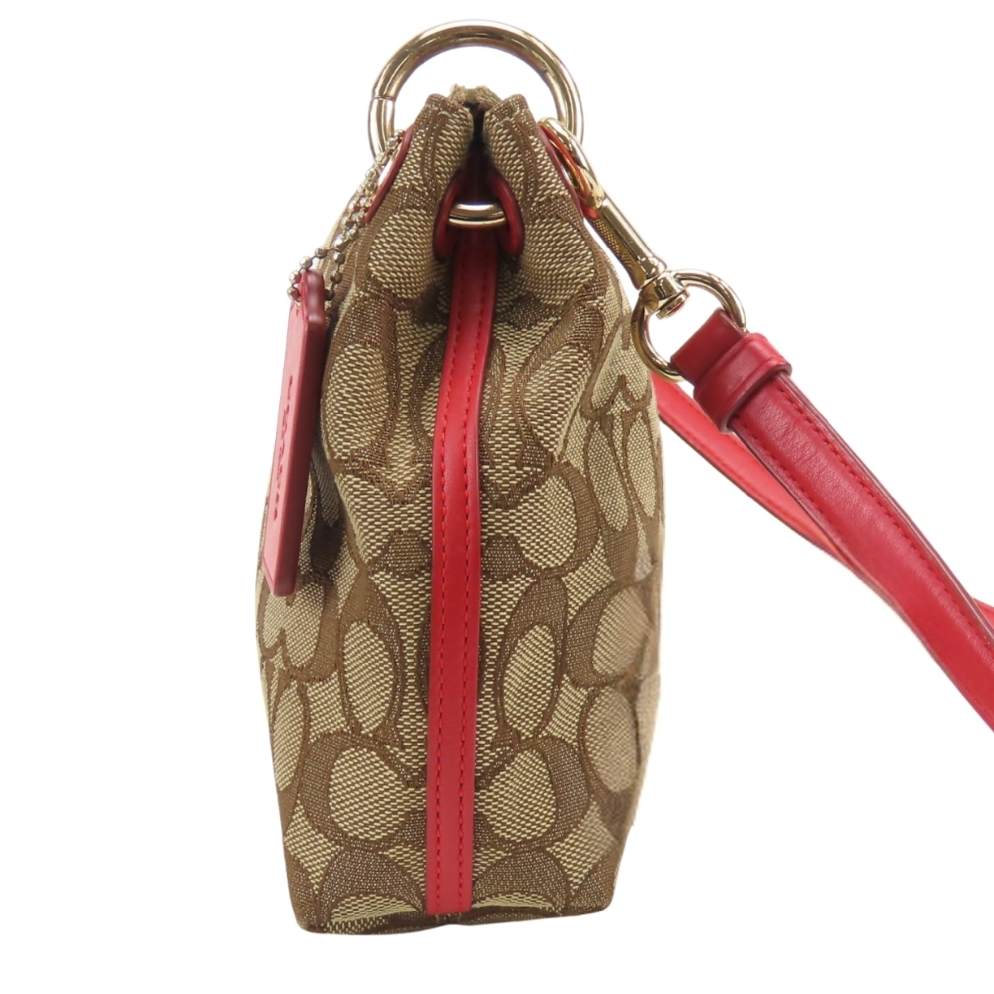 Coach Signature Beige Red Color Canvas Leather Shoulder Bag (Pre-Owned)
