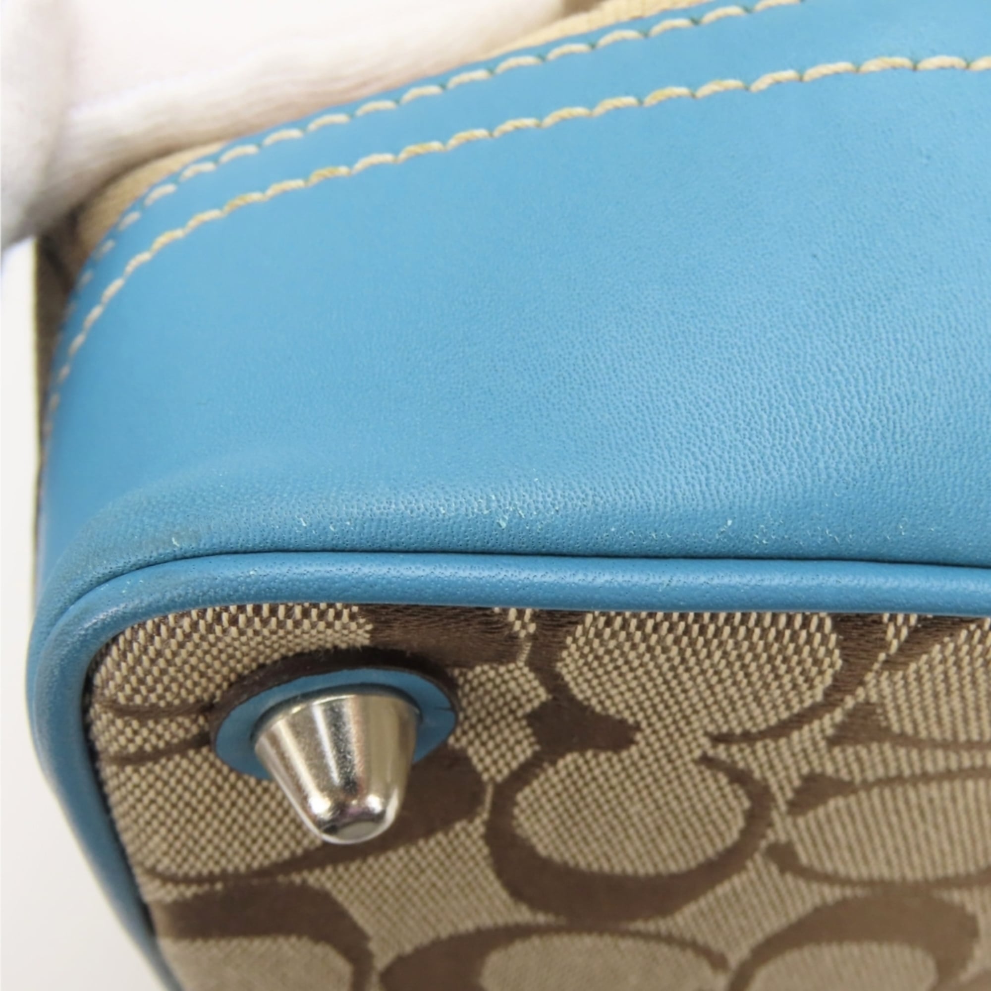 Coach Beige Blue Signature Line Canvas Leather Handbag (Pre-Owned)