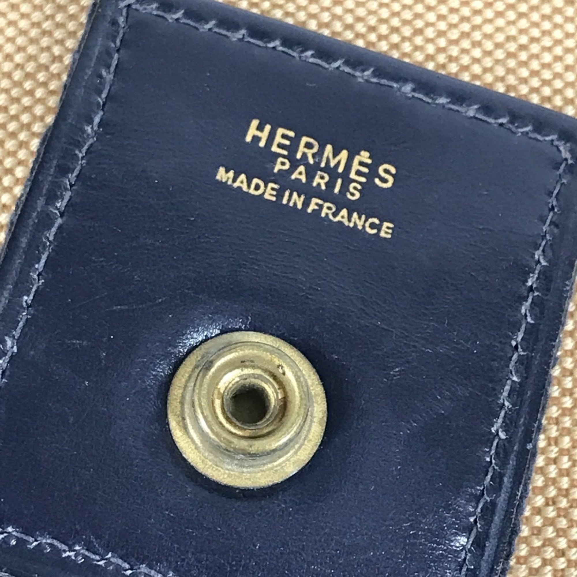 Hermes Beige Navy Leather Canvas Shoulder Bag (Pre-Owned)