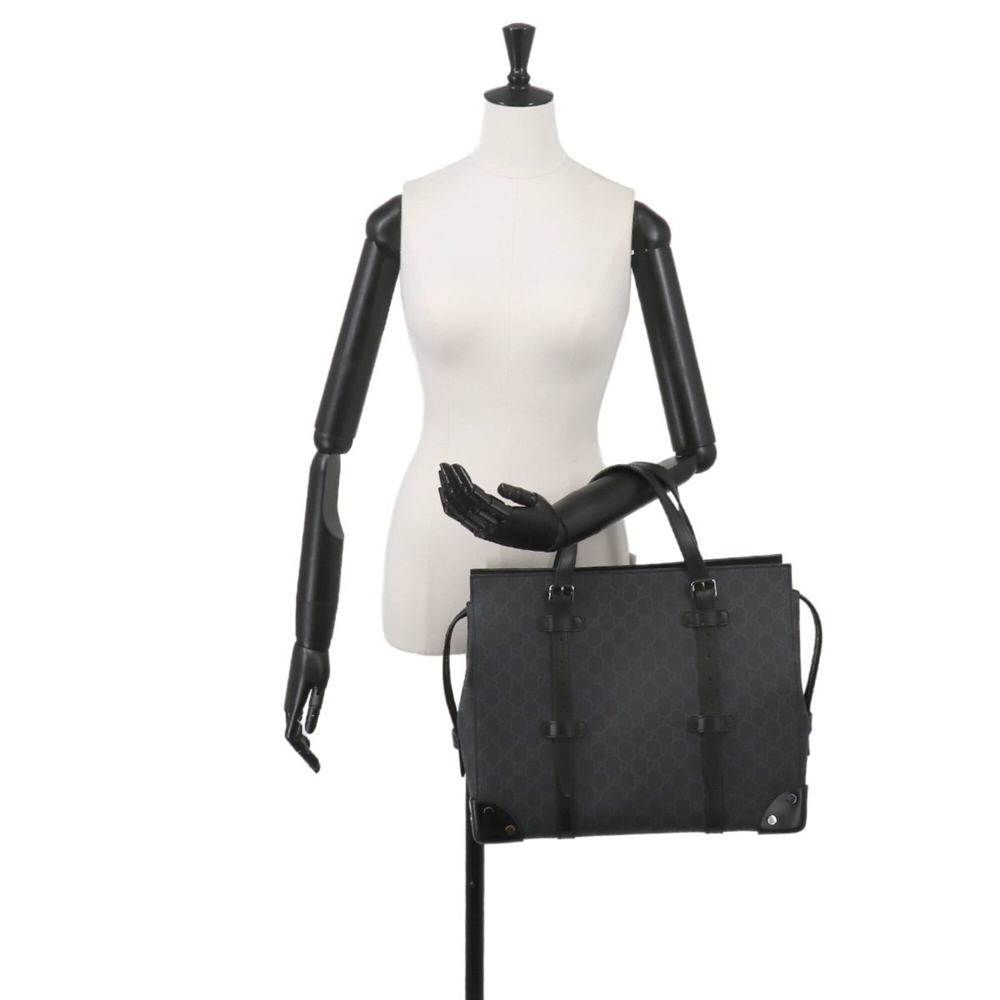 Gucci Black Gray Gg Supreme Canvas Leather Handbag Tote Bag (Pre-Owned)