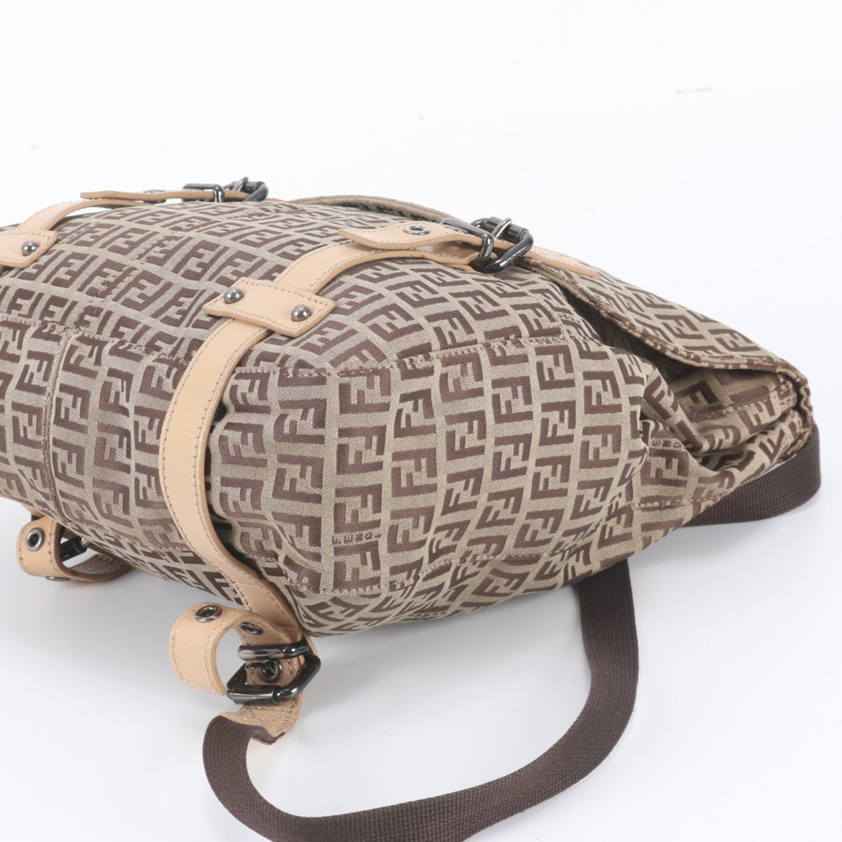 Fendi Brown Leather Canvas Backpack Shoulder Bag (Pre-Owned)