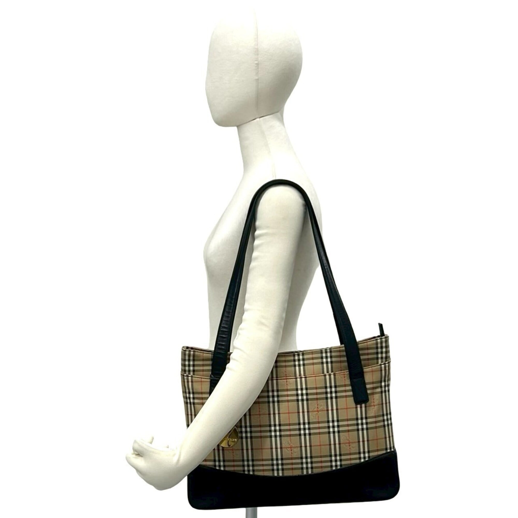 Burberry Beige Black Canvas Leather Handbag Shoulder Bag Tote Bag (Pre-Owned)
